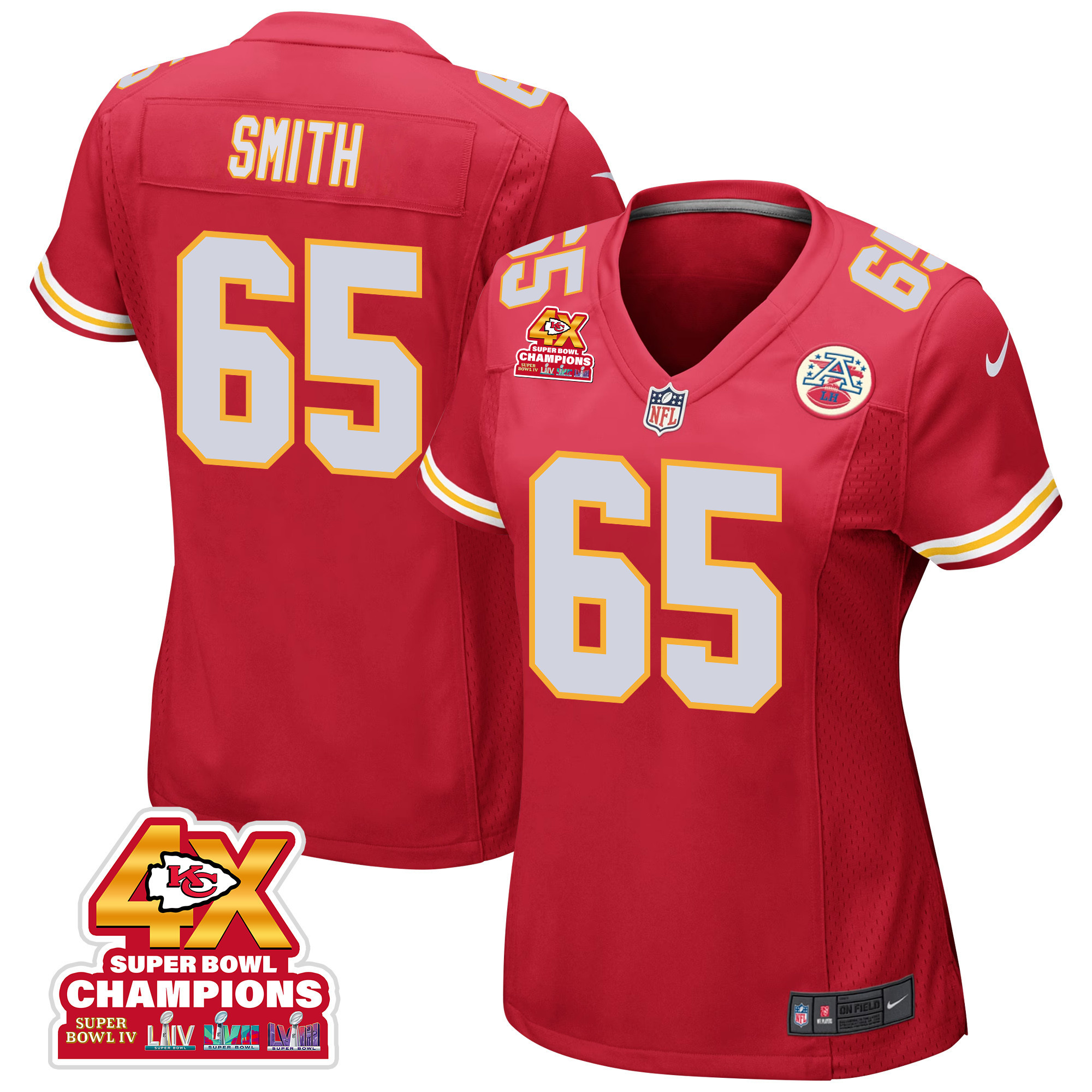 Trey Smith 65 Kansas City Chiefs Super Bowl LVIII Champions 4X Game Women Jersey - Red JS2189 Saliibo