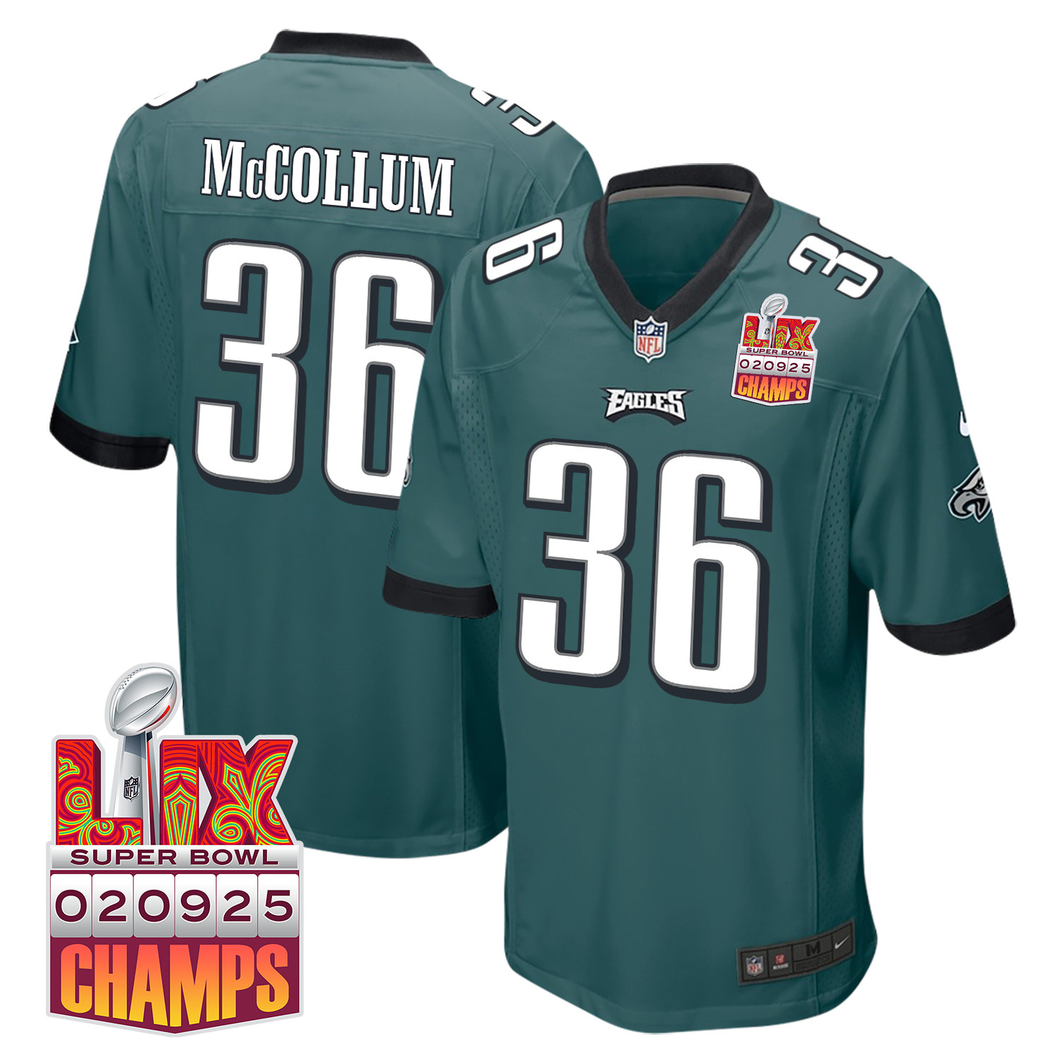 Tristin McCollum 36 Philadelphia Eagles Super Bowl LIX Champions Patch Game Men Jersey - Midnight Green JS6100 Saliibo