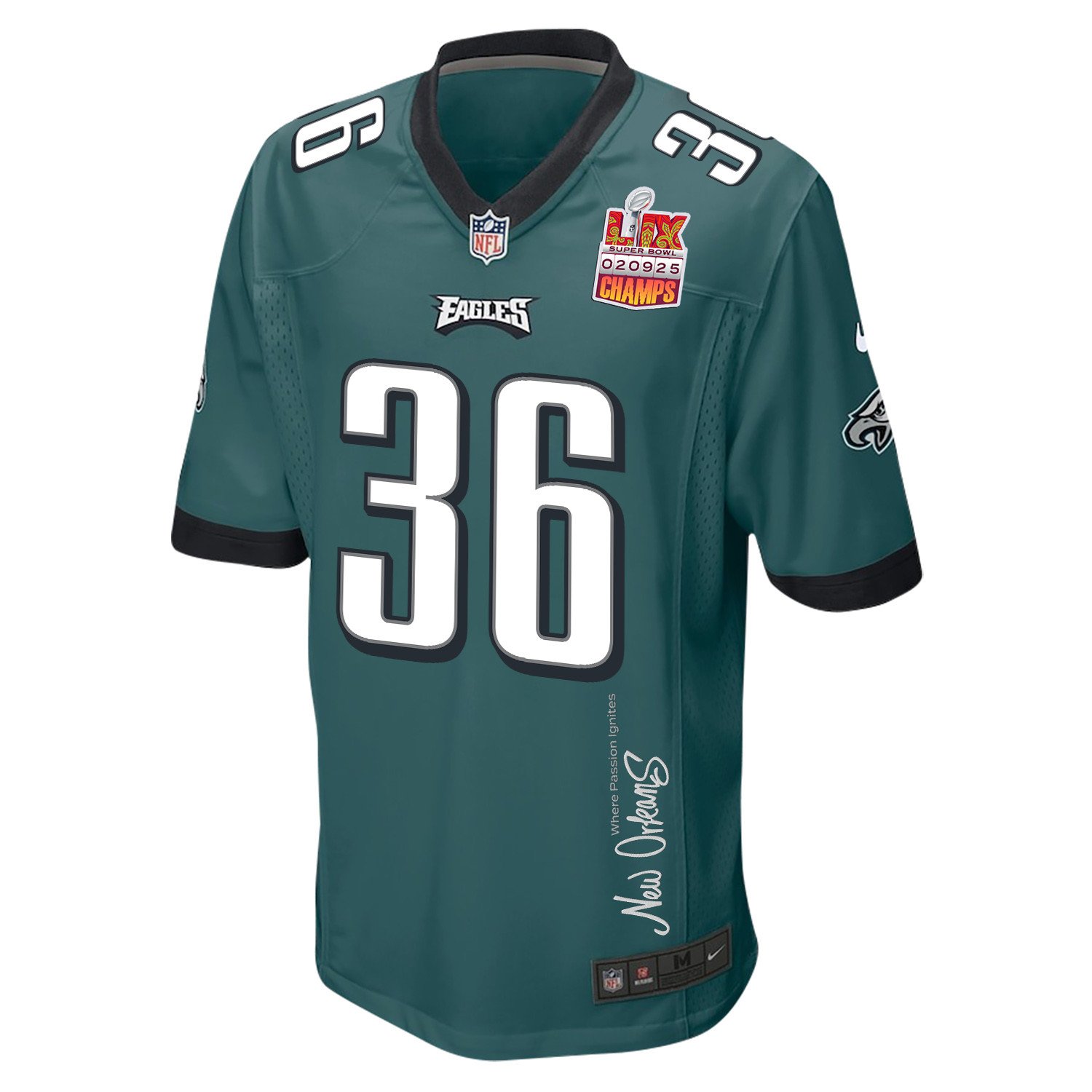 Tristin McCollum 36 Philadelphia Eagles Super Bowl LIX Champions Patch 'New Orleans - Where Passion Ignites' EMBROIDERED Game Men Jersey - Midnight Green JS9504 Saliibo - Image 3