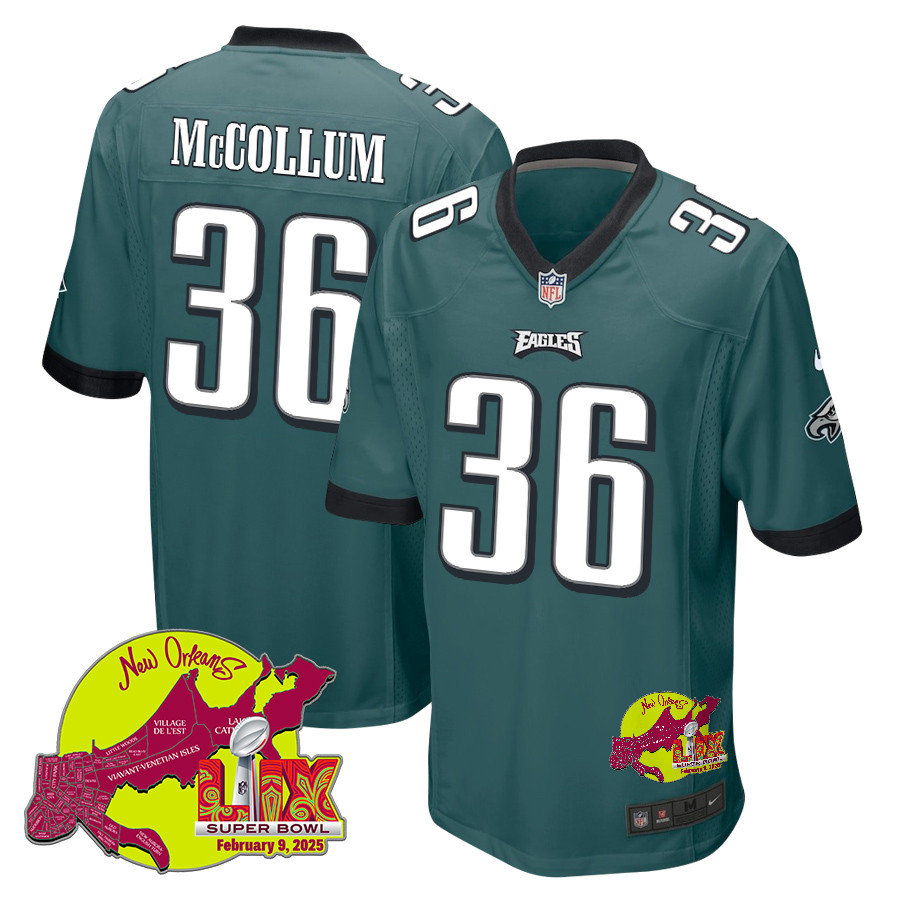 Tristin McCollum 36 Philadelphia Eagles Super Bowl LIX New Orleans Patch Game Men Jersey - Midnight Green JS8746 Saliibo