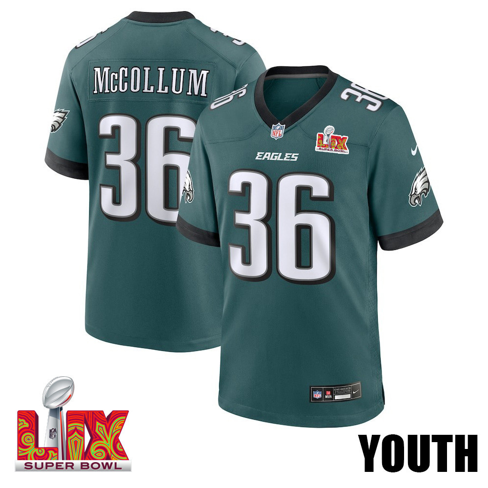 Tristin McCollum #36 Philadelphia Eagles Super Bowl LIX YOUTH Jersey - Midnight Green JS5895 Saliibo