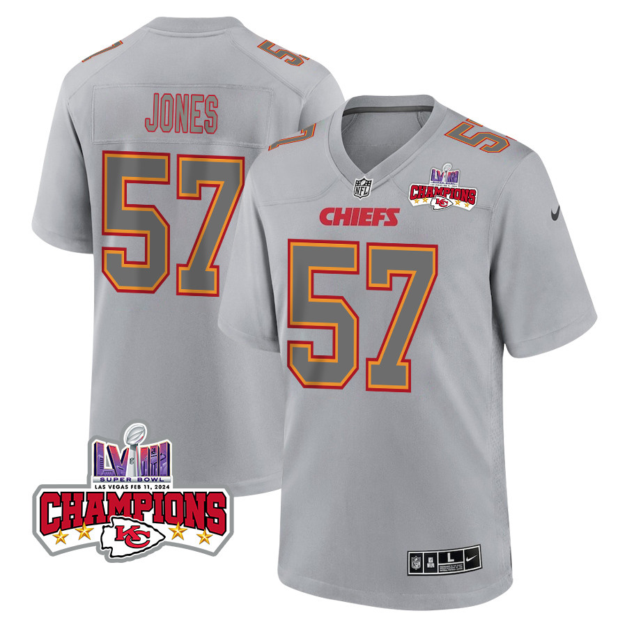 Truman Jones 57 Kansas City Chiefs Super Bowl LVIII Champions 4 Stars Patch Atmosphere Fashion Game Men Jersey - Gray JS1848 Saliibo