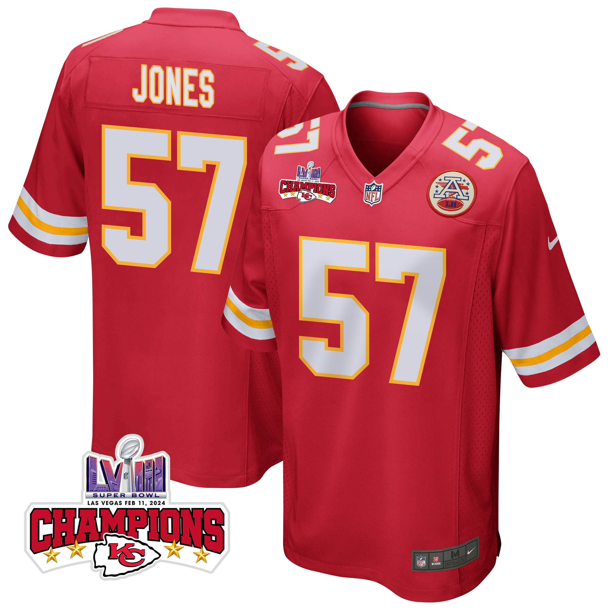 Truman Jones 57 Kansas City Chiefs Super Bowl LVIII Champions 4 Stars Patch Game Men Jersey - Red JS7197 Saliibo