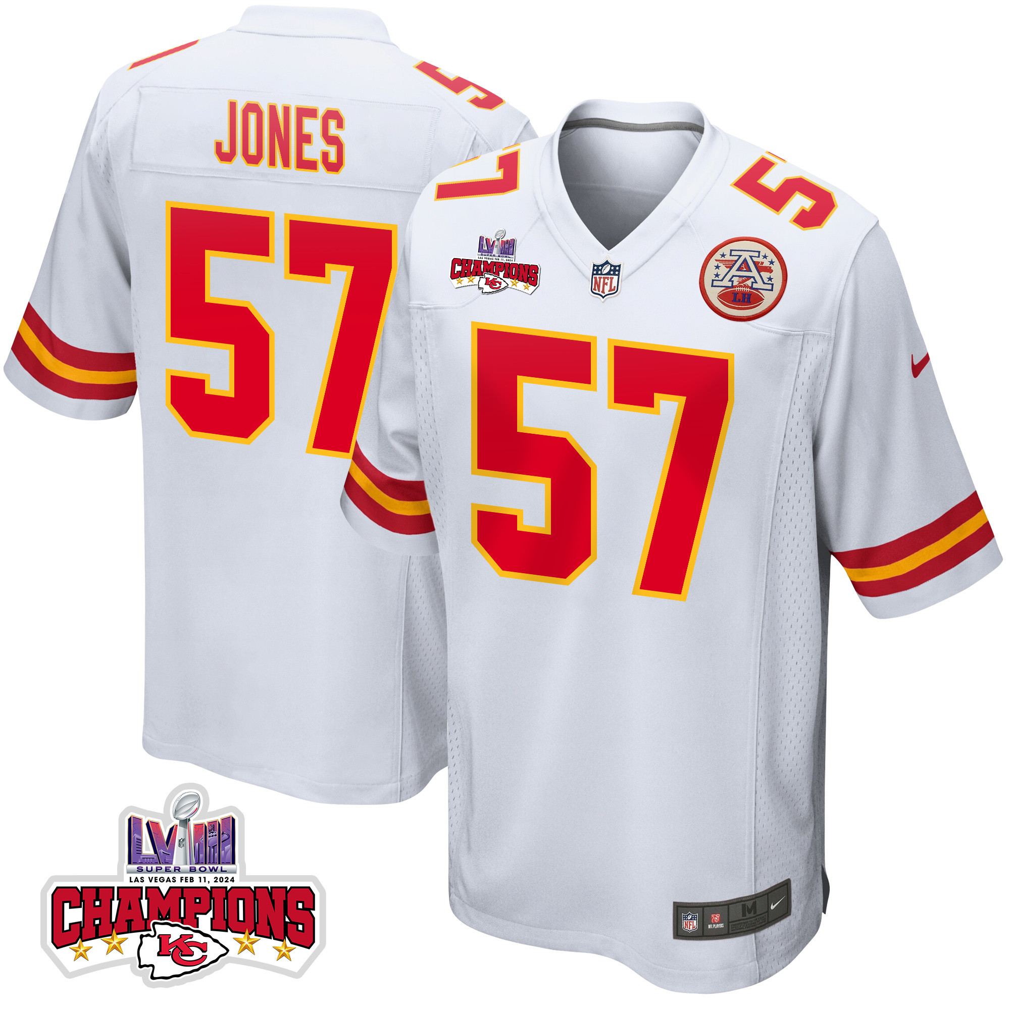Truman Jones 57 Kansas City Chiefs Super Bowl LVIII Champions 4 Stars Patch Game Men Jersey - White JS3657 Saliibo