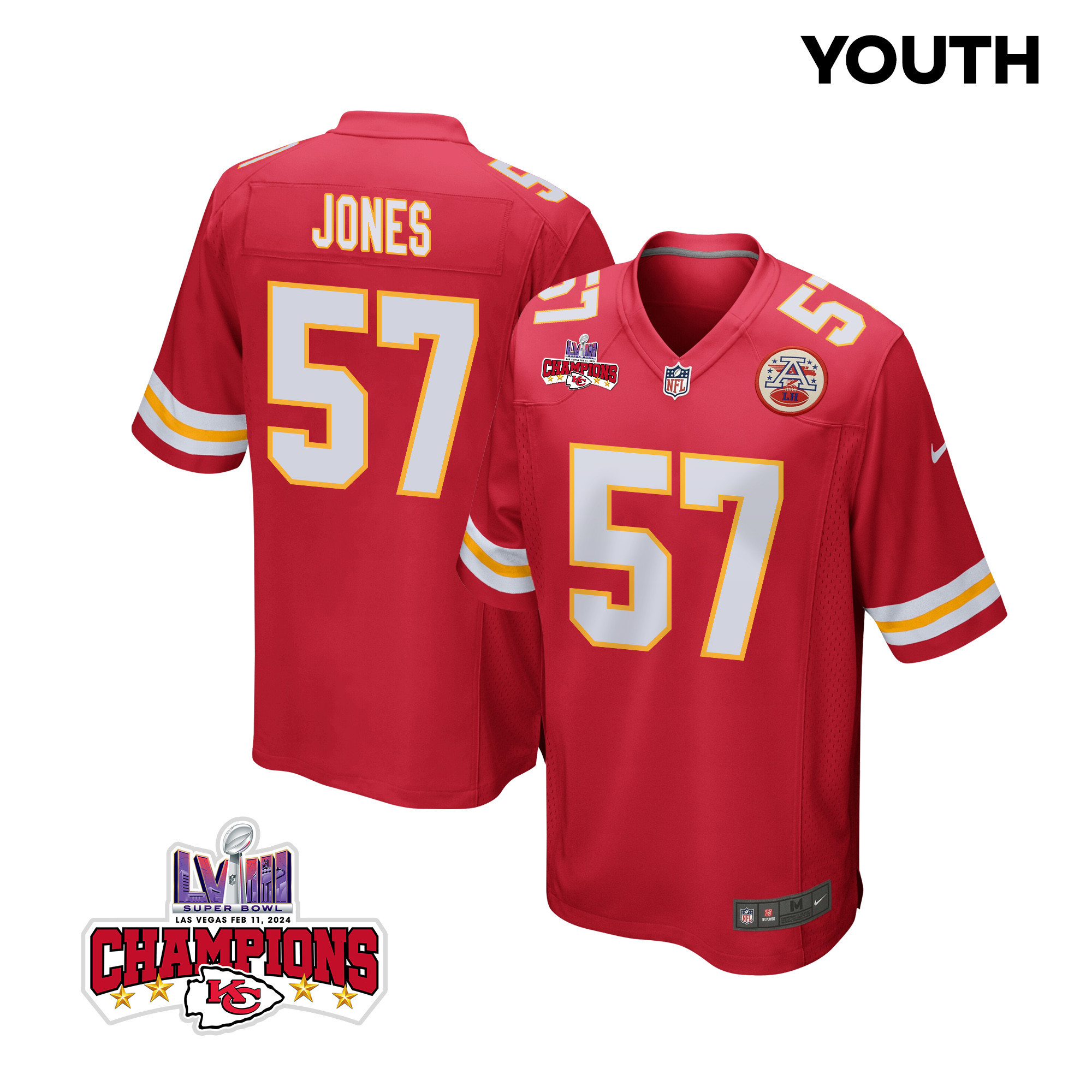 Truman Jones 57 Kansas City Chiefs Super Bowl LVIII Champions 4 Stars Patch Game YOUTH Jersey - Red JS4529 Saliibo
