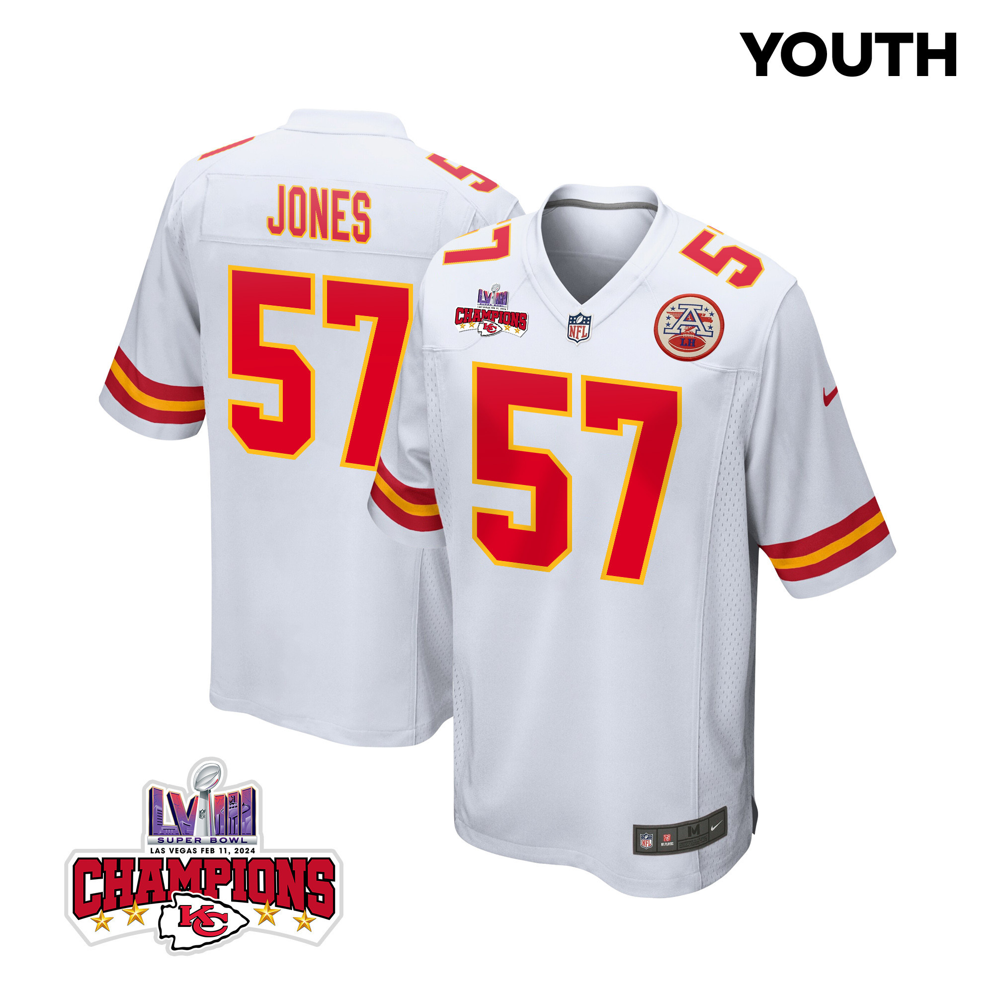 Truman Jones 57 Kansas City Chiefs Super Bowl LVIII Champions 4 Stars Patch Game YOUTH Jersey - White JS5572 Saliibo