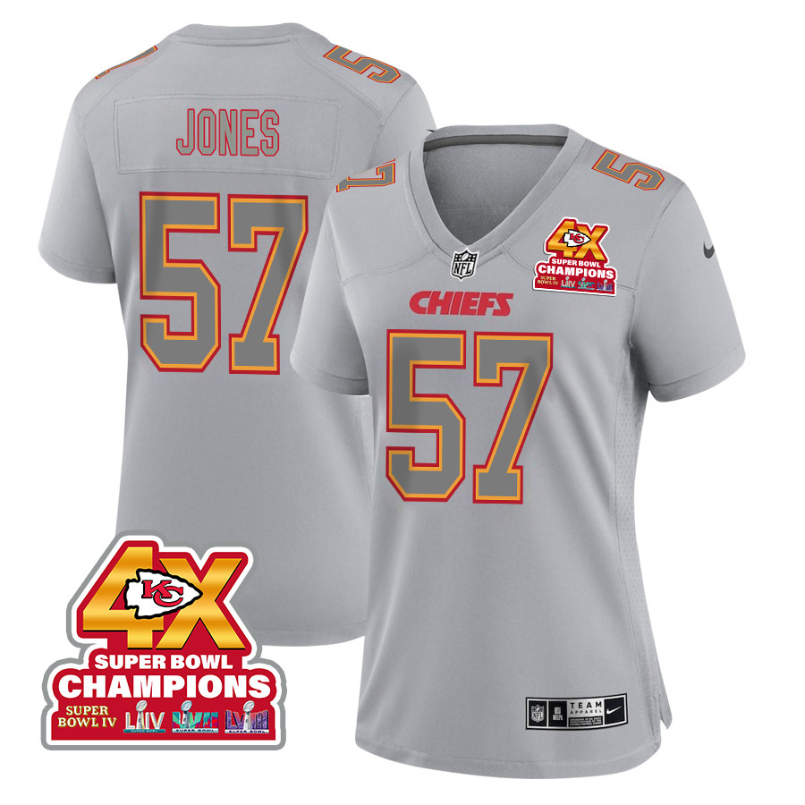 Truman Jones 57 Kansas City Chiefs Super Bowl LVIII Champions 4X Atmosphere Fashion Game Women Jersey - Gray JS5210 Saliibo