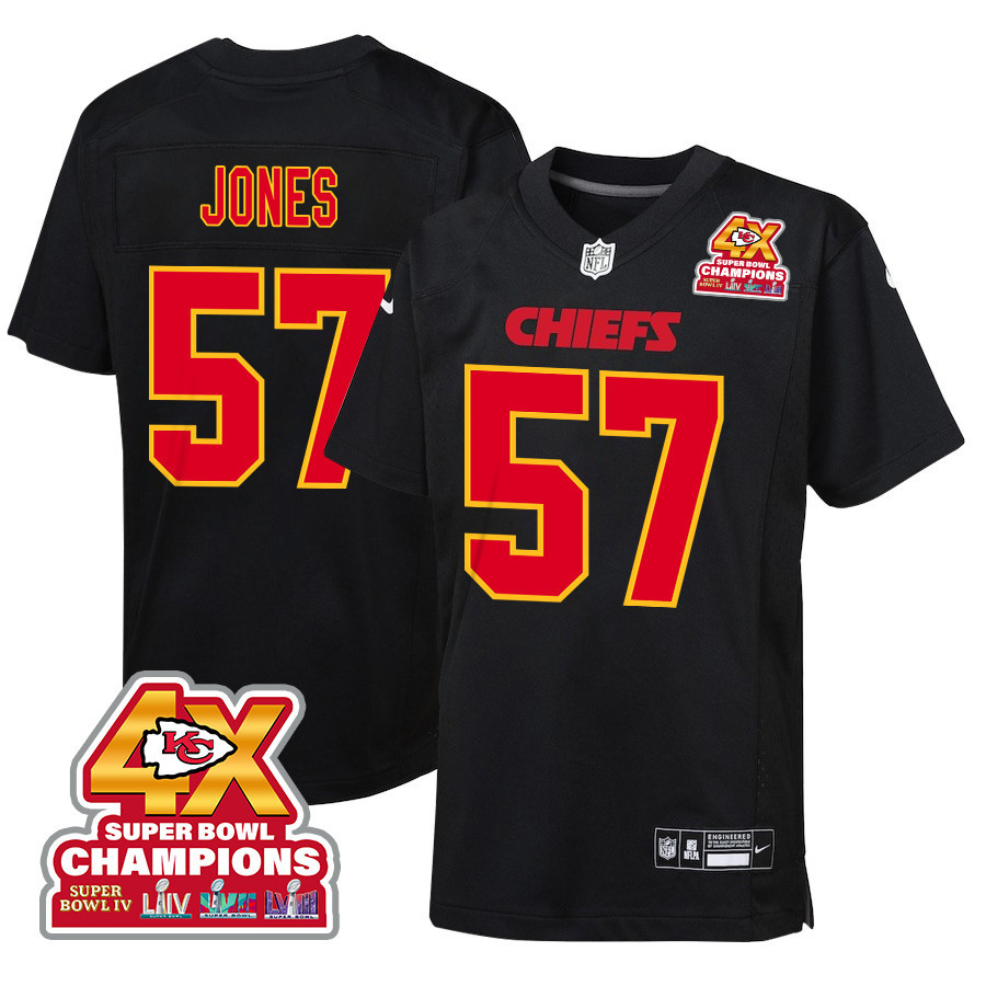 Truman Jones 57 Kansas City Chiefs Super Bowl LVIII Champions 4X Fashion Game YOUTH Jersey - Carbon Black JS2207 Saliibo