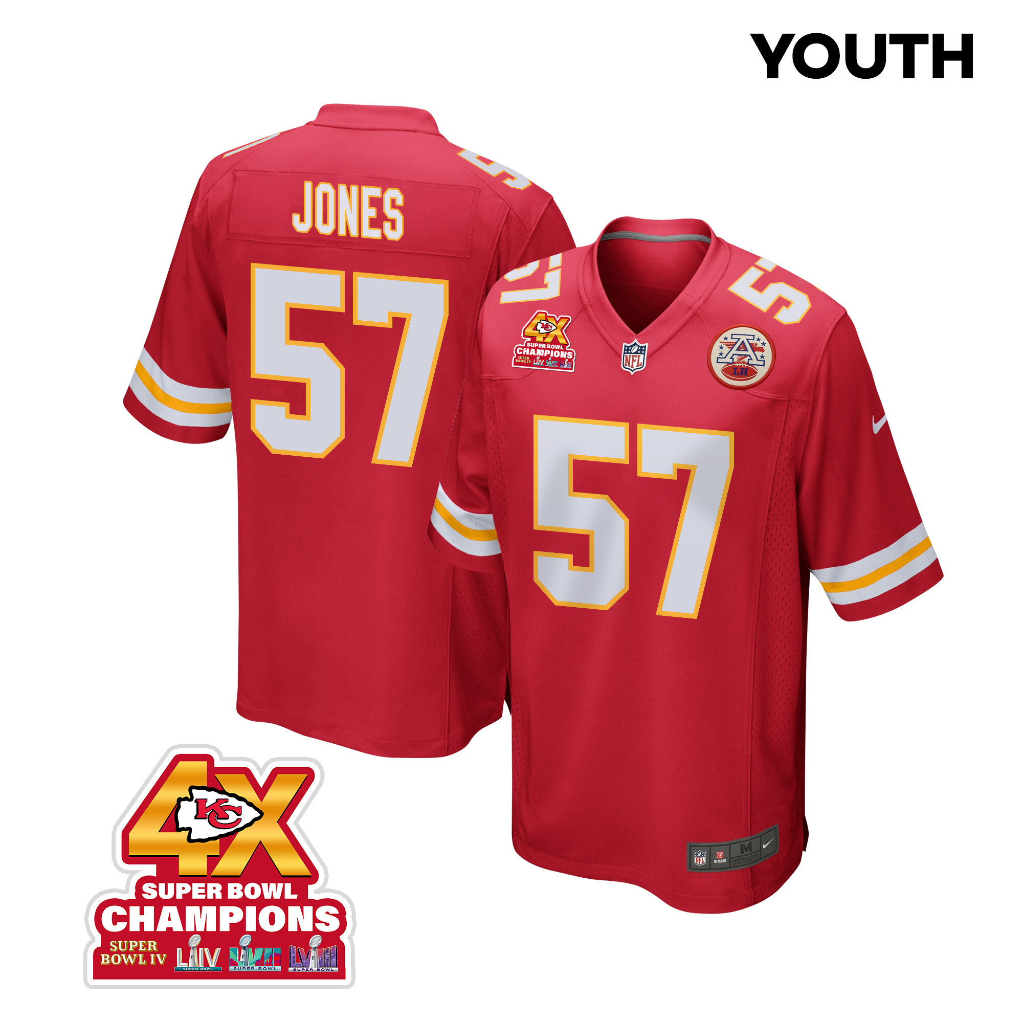 Truman Jones 57 Kansas City Chiefs Super Bowl LVIII Champions 4X Game YOUTH Jersey - Red JS8805 Saliibo