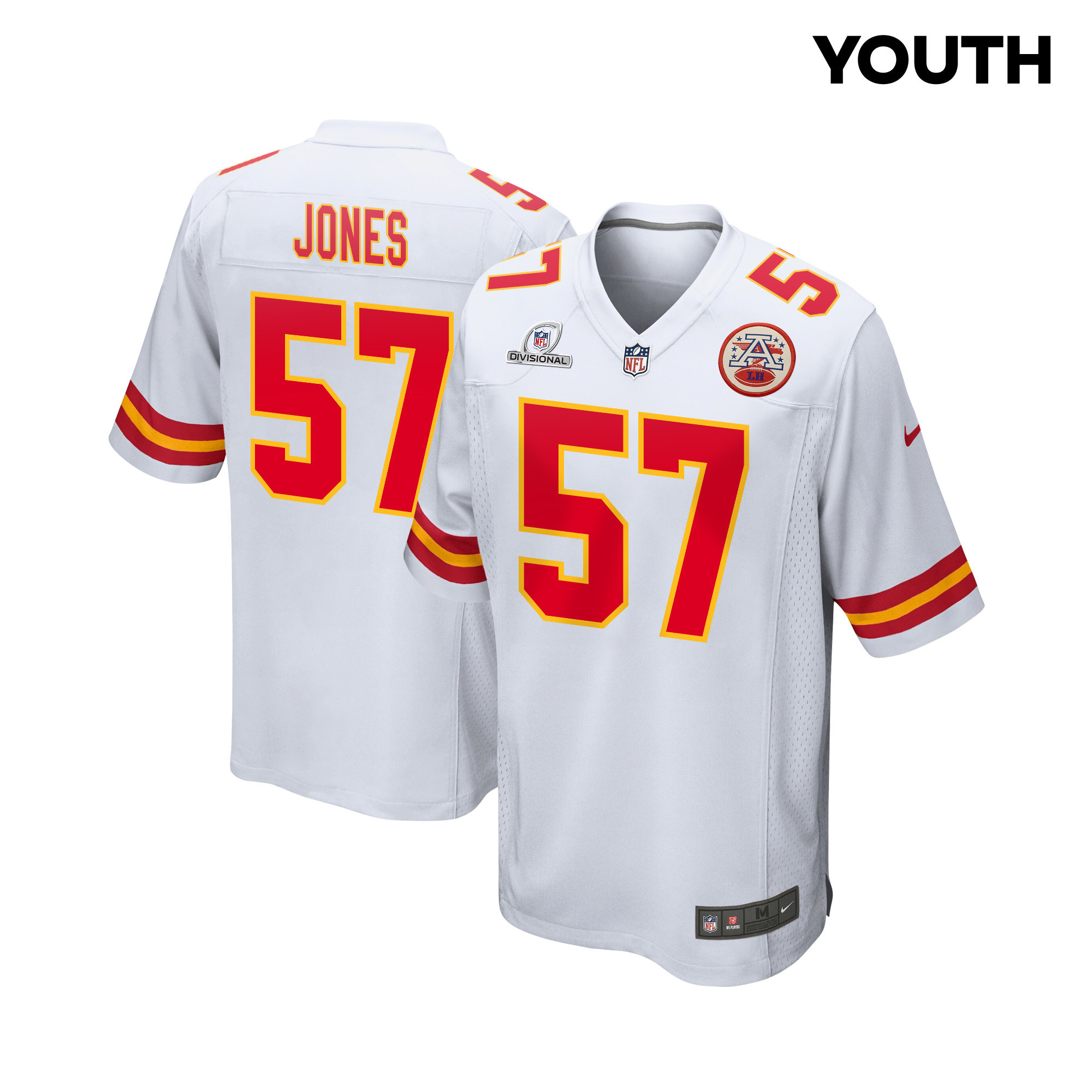 Truman Jones 57 Kansas City Chiefs Super Bowl LVIII Patch Game YOUTH Jersey - White JS7715 Saliibo
