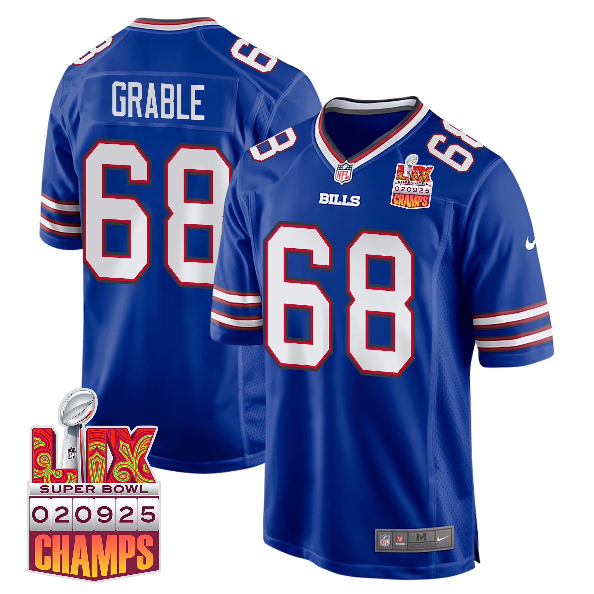 Tylan Grable 68 Buffalo Bills Super Bowl LIX Champions Patch Game Men Jersey - Royal JS1933 Saliibo