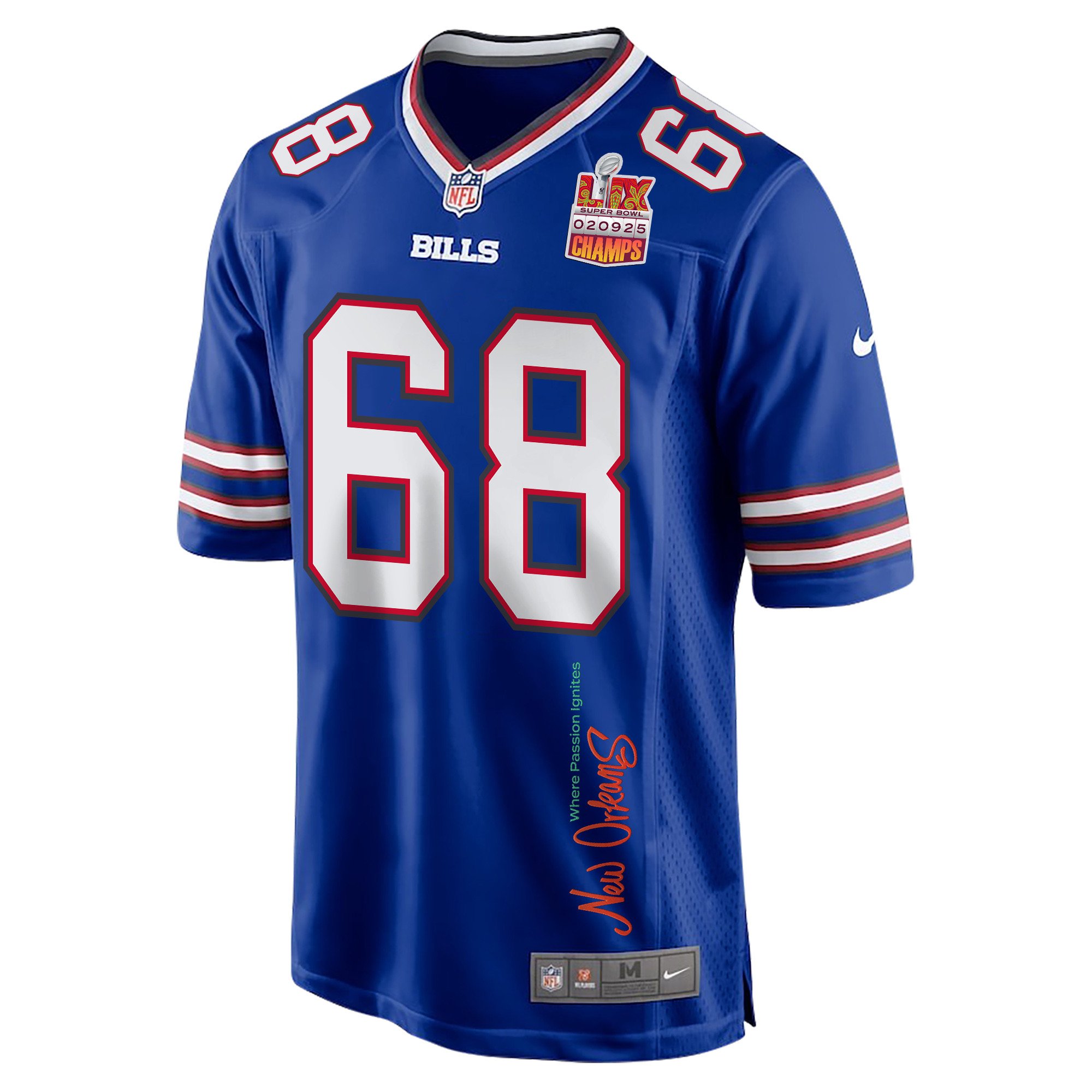 Tylan Grable 68 Buffalo Bills Super Bowl LIX Champions Patch 'New Orleans - Where Passion Ignites' EMBROIDERED Game Men Jersey - Royal JS9282 Saliibo - Image 3