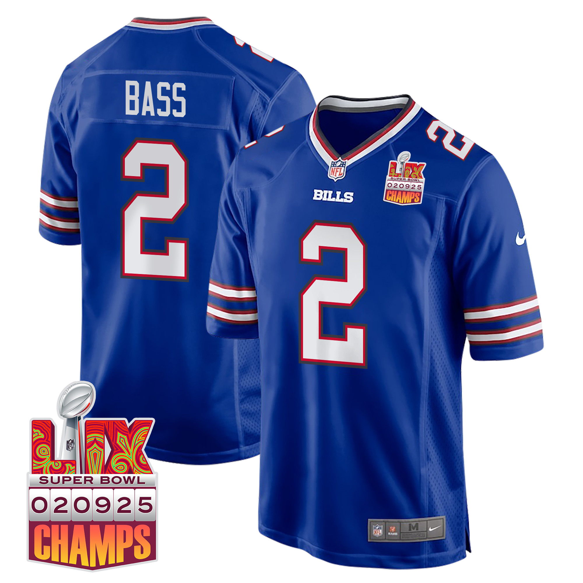 Tyler Bass 2 Buffalo Bills Super Bowl LIX Champions Patch Game Men Jersey - Royal JS6828 Saliibo