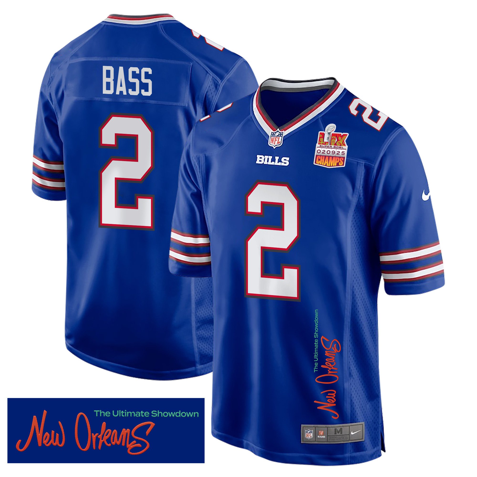 Tyler Bass 2 Buffalo Bills Super Bowl LIX Champions Patch 'New Orleans - The Ultimate Showdown' EMBROIDERED Game Men Jersey - Royal JS9458 Saliibo