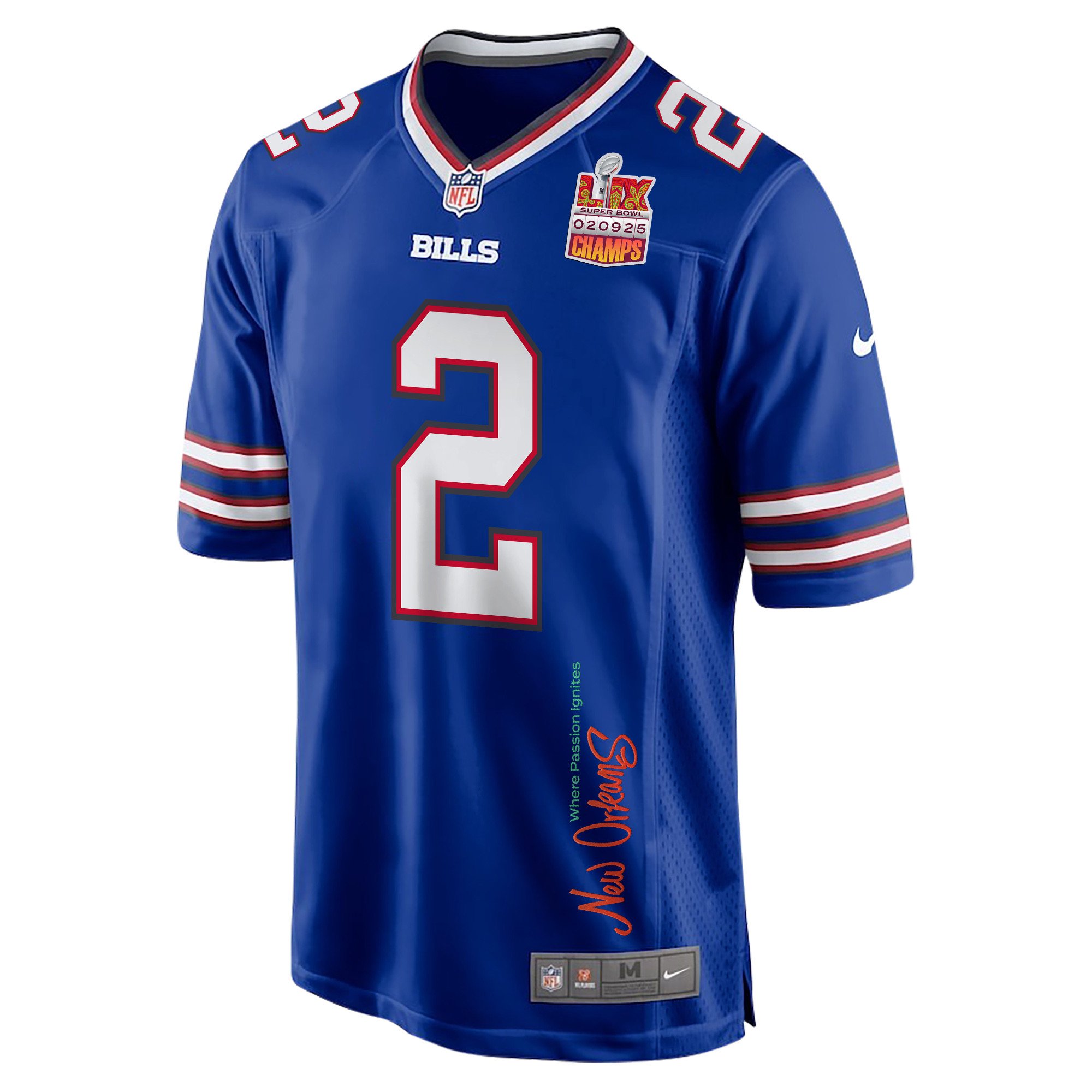 Tyler Bass 2 Buffalo Bills Super Bowl LIX Champions Patch 'New Orleans - Where Passion Ignites' EMBROIDERED Game Men Jersey - Royal JS7108 Saliibo - Image 3