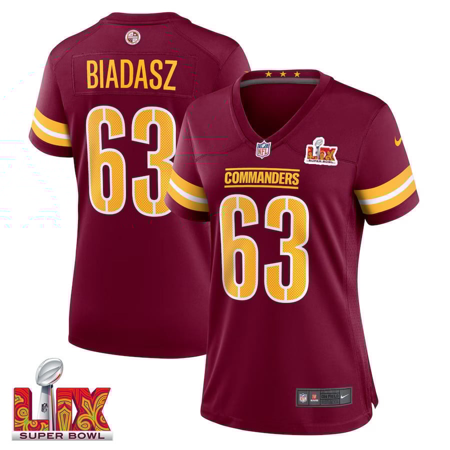Tyler Biadasz #63 Washington Commanders Super Bowl LIX Women's Jersey - Burgundy JS7469 Saliibo
