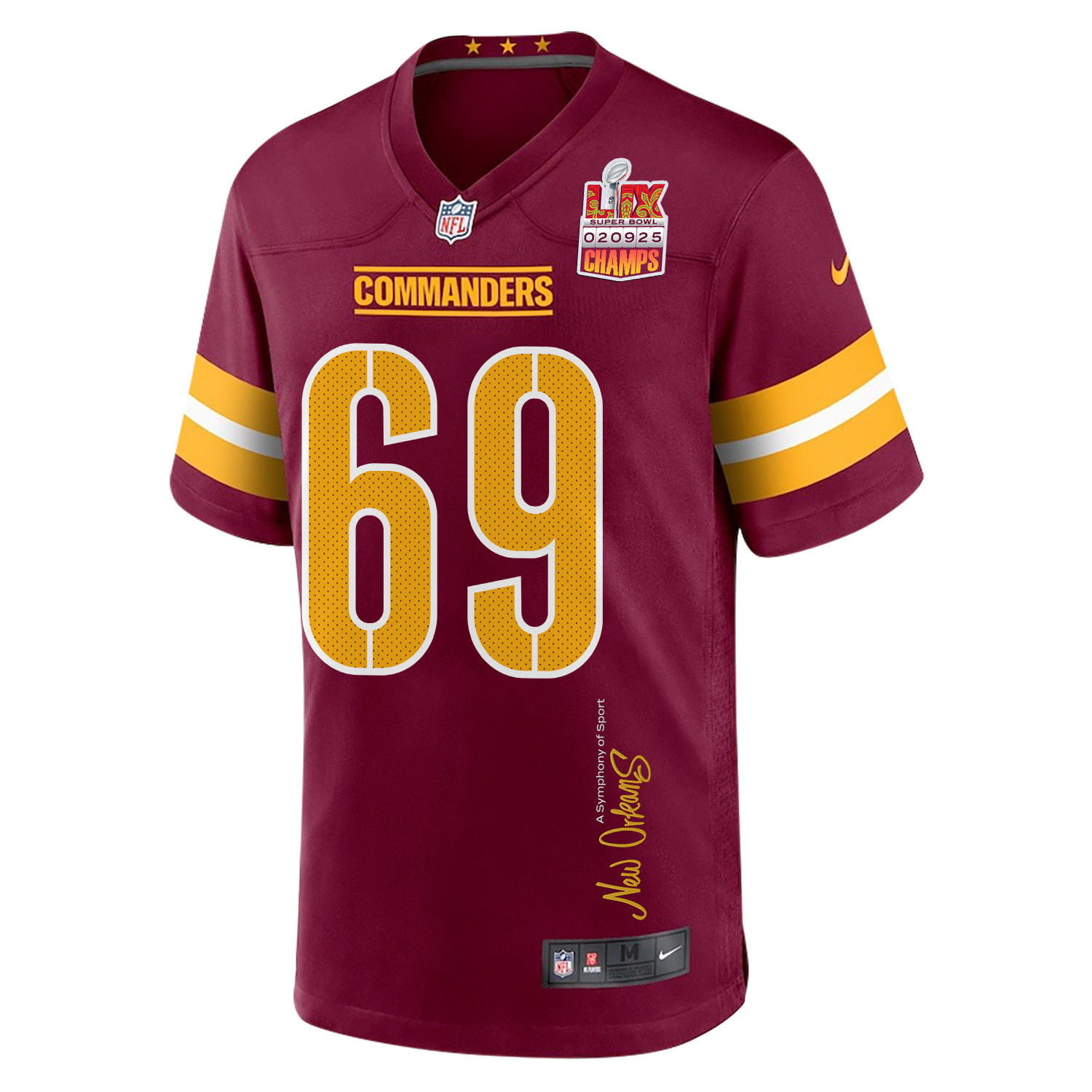Tyler Ott 69 Washington Commanders Super Bowl LIX Champions Patch 'New Orleans - A Symphony of Sport' EMBROIDERED Game Men Jersey - Burgundy JS2527 Saliibo - Image 3