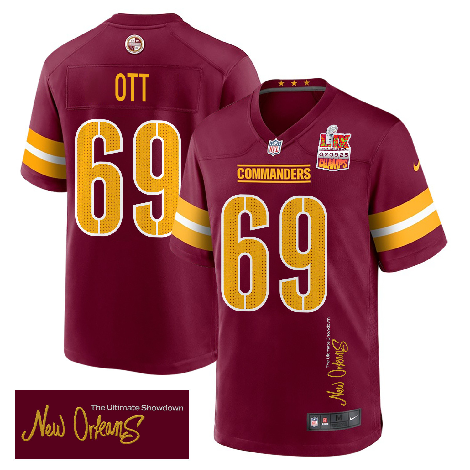 Tyler Ott 69 Washington Commanders Super Bowl LIX Champions Patch 'New Orleans - The Ultimate Showdown' EMBROIDERED Game Men Jersey - Burgundy JS3273 Saliibo