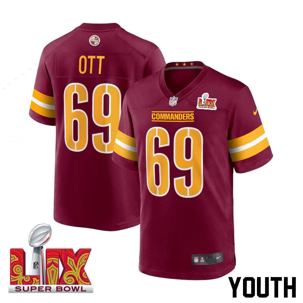 Tyler Ott #69 Washington Commanders Super Bowl LIX Youth Jersey - Burgundy JS9144 Saliibo