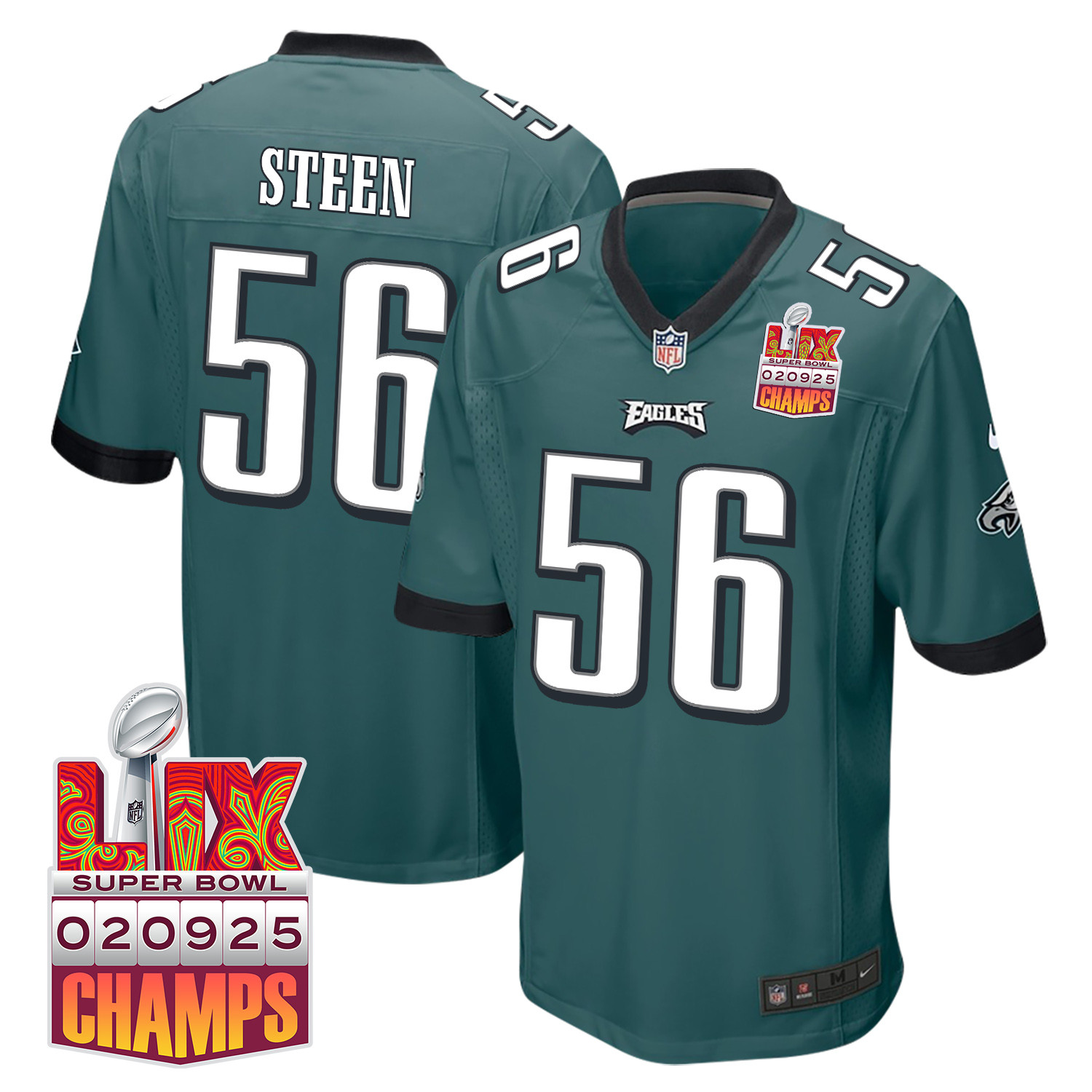 Tyler Steen 56 Philadelphia Eagles Super Bowl LIX Champions Patch Game Men Jersey - Midnight Green JS7351 Saliibo