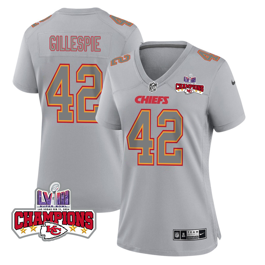 Tyree Gillespie 42 Kansas City Chiefs Super Bowl LVIII Champions 4 Stars Patch Atmosphere Fashion Game Women Jersey - Gray JS4848 Saliibo