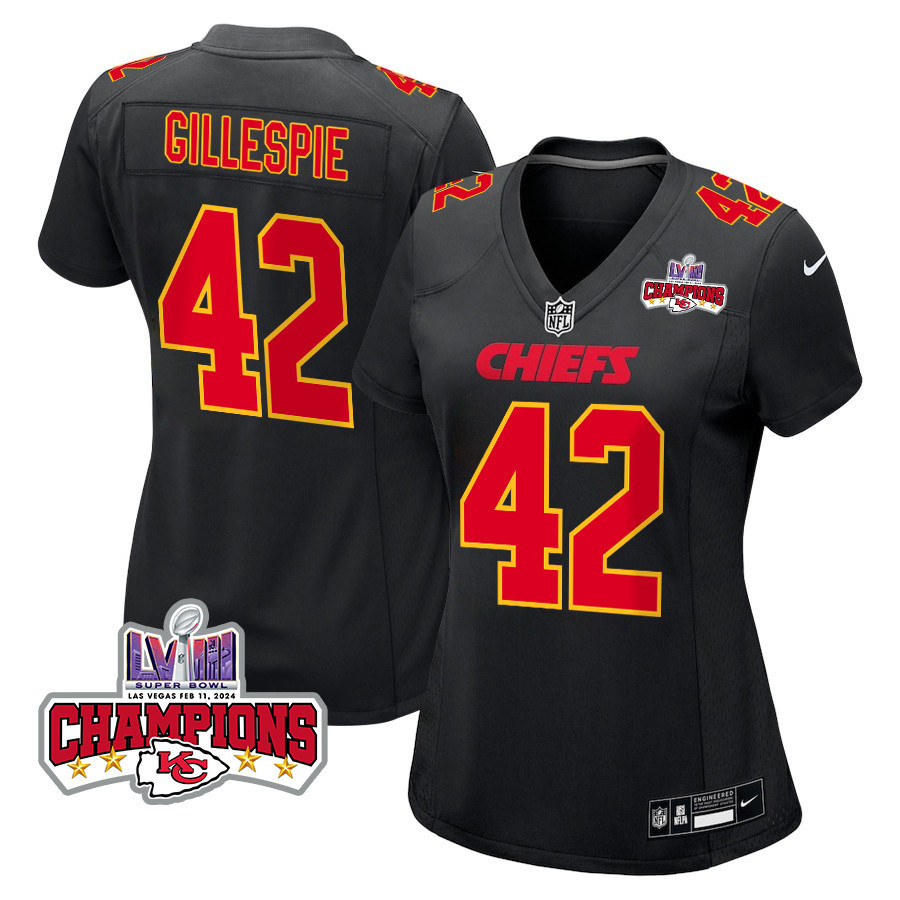 Tyree Gillespie 42 Kansas City Chiefs Super Bowl LVIII Champions 4 Stars Patch Fashion Game Women Jersey - Carbon Black JS2260 Saliibo