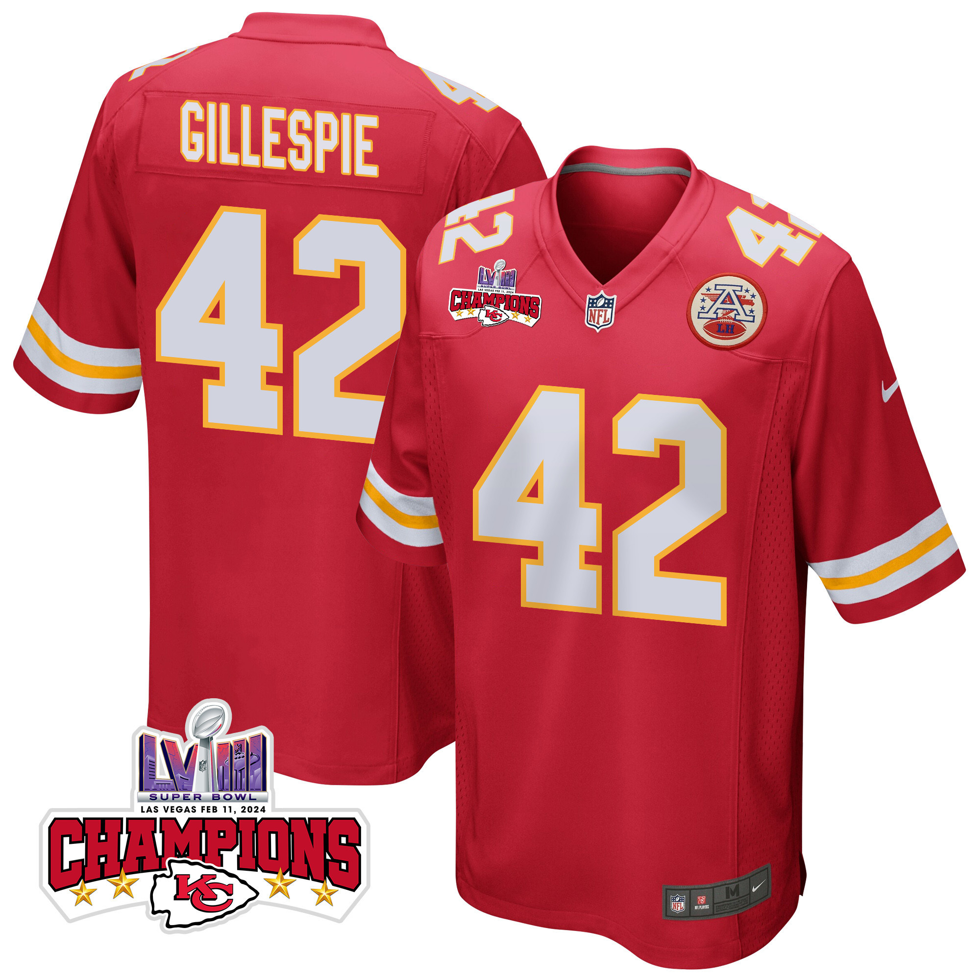 Tyree Gillespie 42 Kansas City Chiefs Super Bowl LVIII Champions 4 Stars Patch Game Men Jersey - Red JS6818 Saliibo
