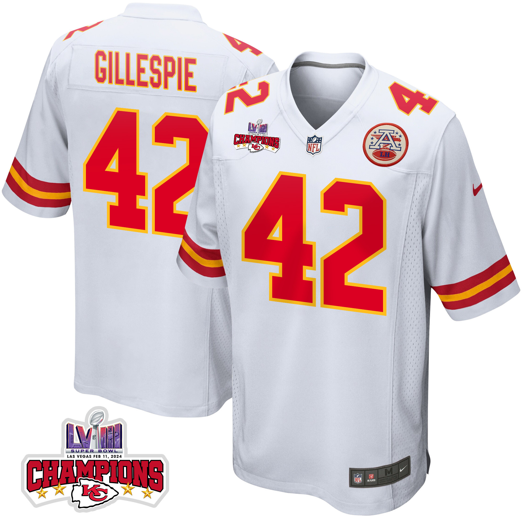 Tyree Gillespie 42 Kansas City Chiefs Super Bowl LVIII Champions 4 Stars Patch Game Men Jersey - White JS5537 Saliibo