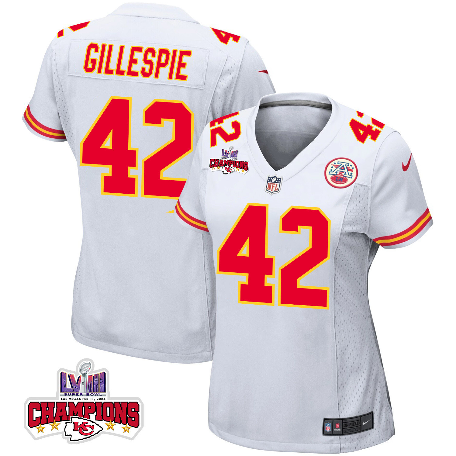 Tyree Gillespie 42 Kansas City Chiefs Super Bowl LVIII Champions 4 Stars Patch Game Women Jersey - White JS4920 Saliibo