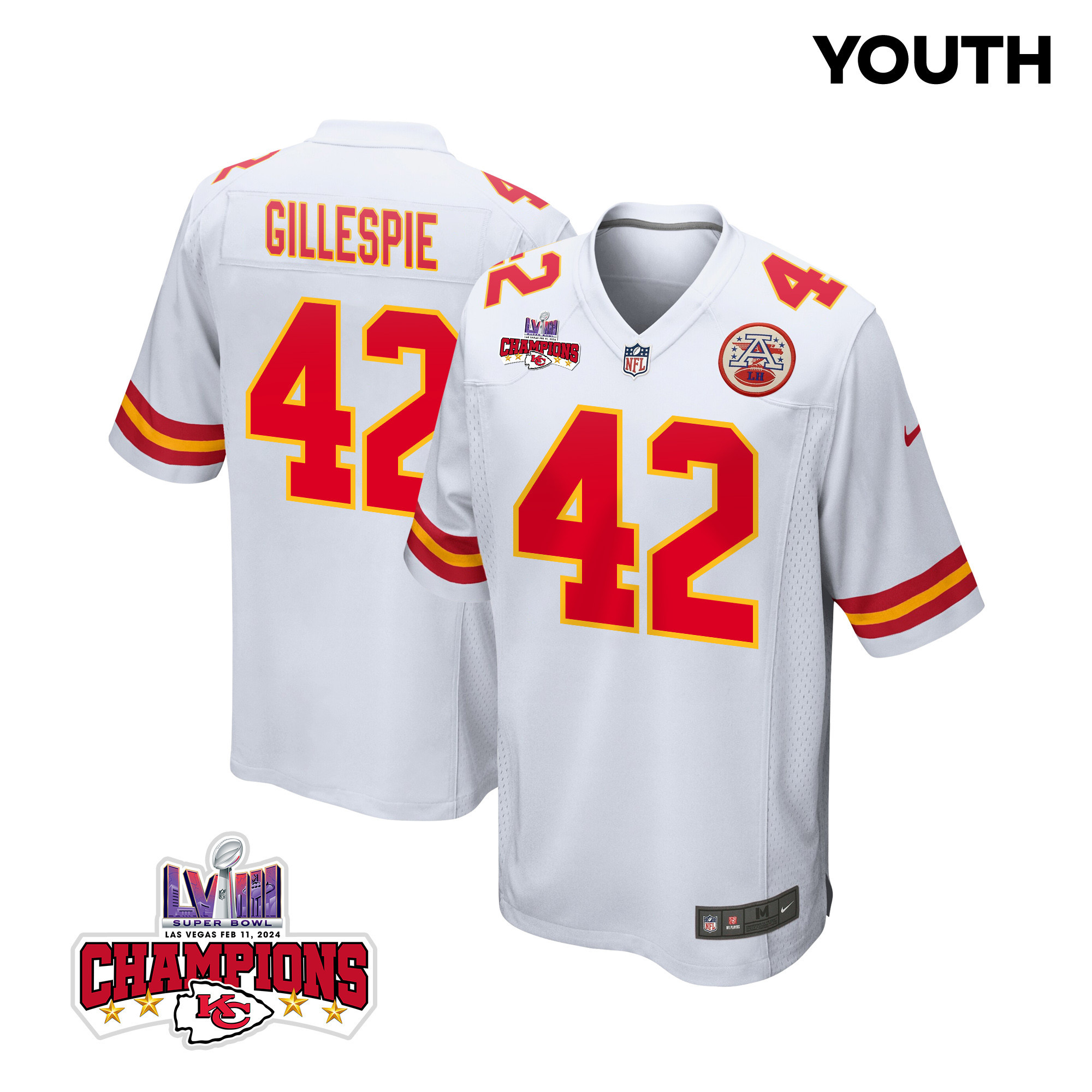 Tyree Gillespie 42 Kansas City Chiefs Super Bowl LVIII Champions 4 Stars Patch Game YOUTH Jersey - White JS1372 Saliibo