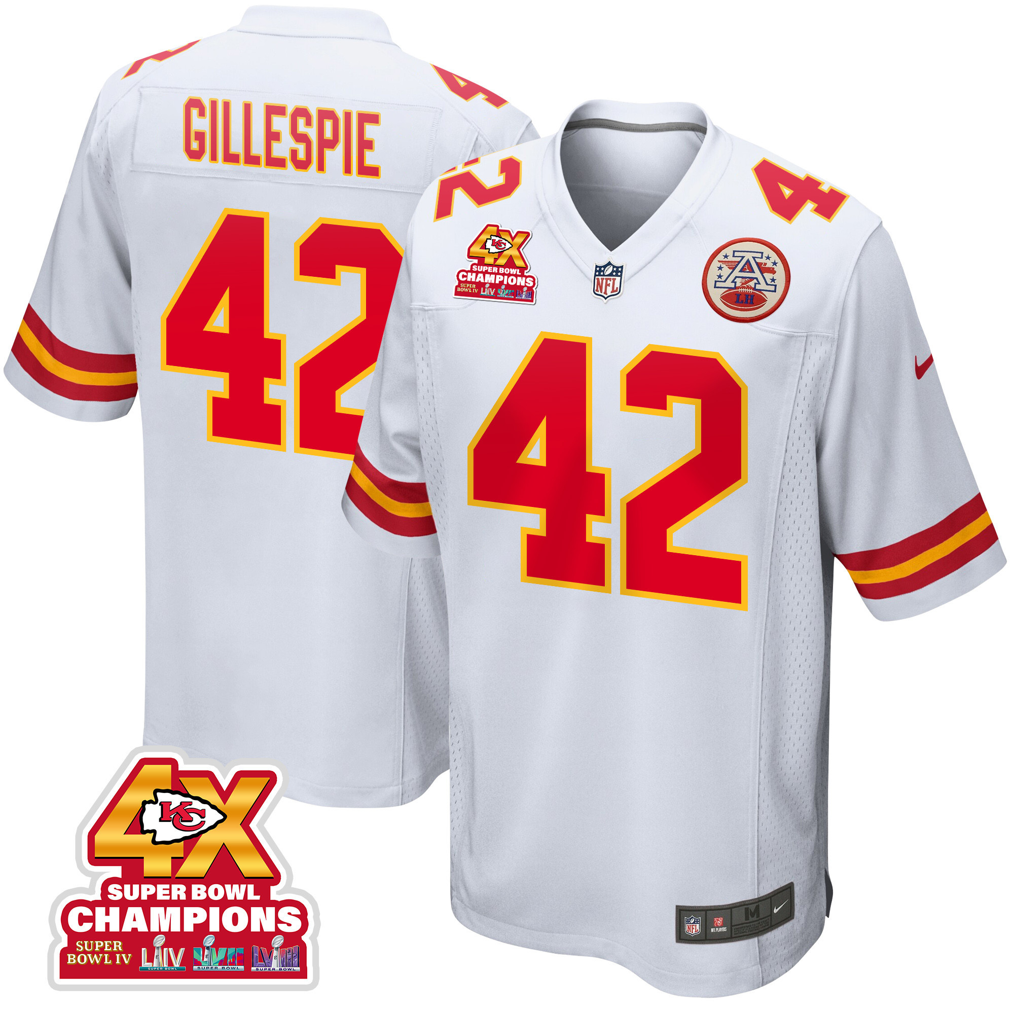 Tyree Gillespie 42 Kansas City Chiefs Super Bowl LVIII Champions 4X Game Men Jersey - White JS4360 Saliibo