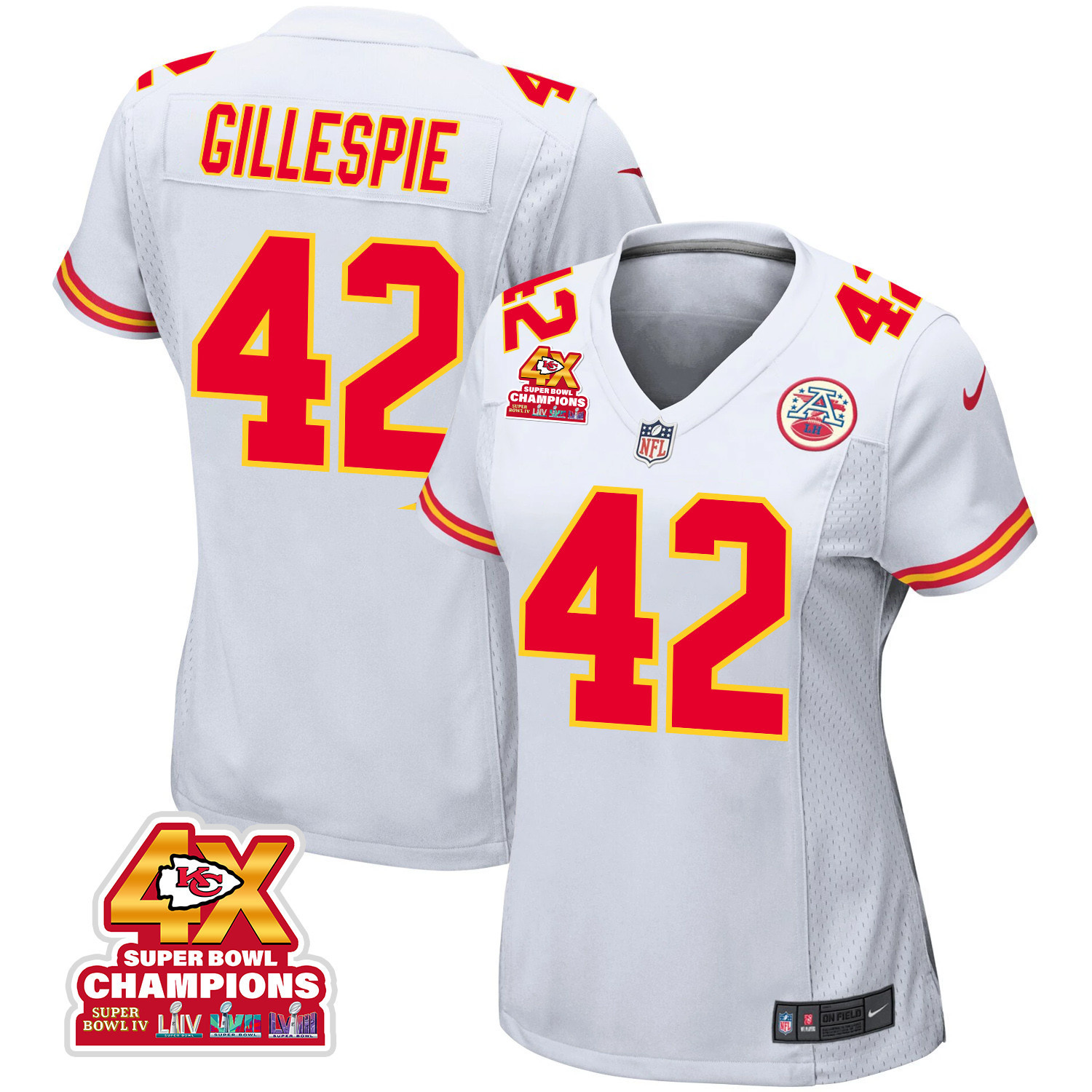 Tyree Gillespie 42 Kansas City Chiefs Super Bowl LVIII Champions 4X Game Women Jersey - White JS3626 Saliibo