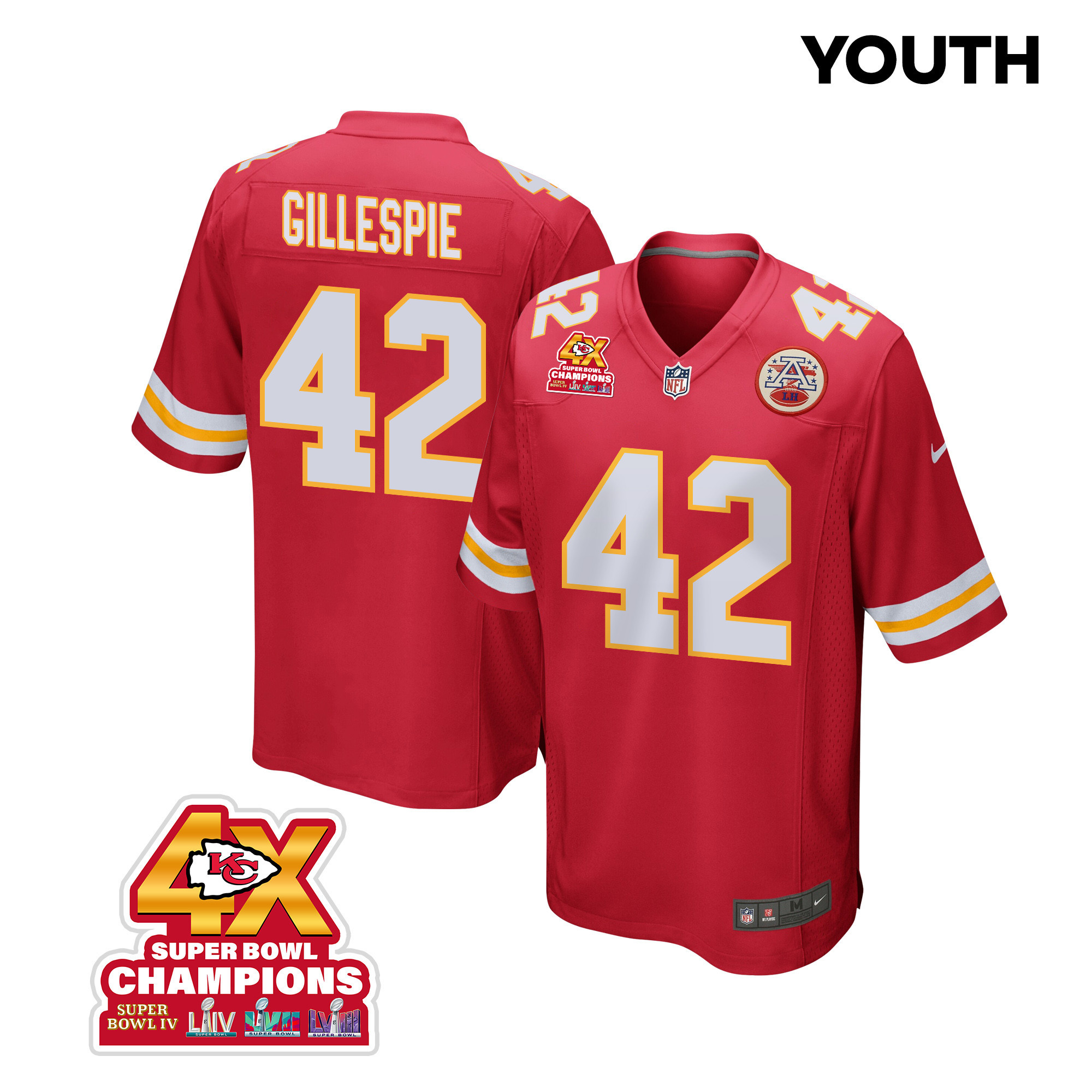 Tyree Gillespie 42 Kansas City Chiefs Super Bowl LVIII Champions 4X Game YOUTH Jersey - Red JS6558 Saliibo