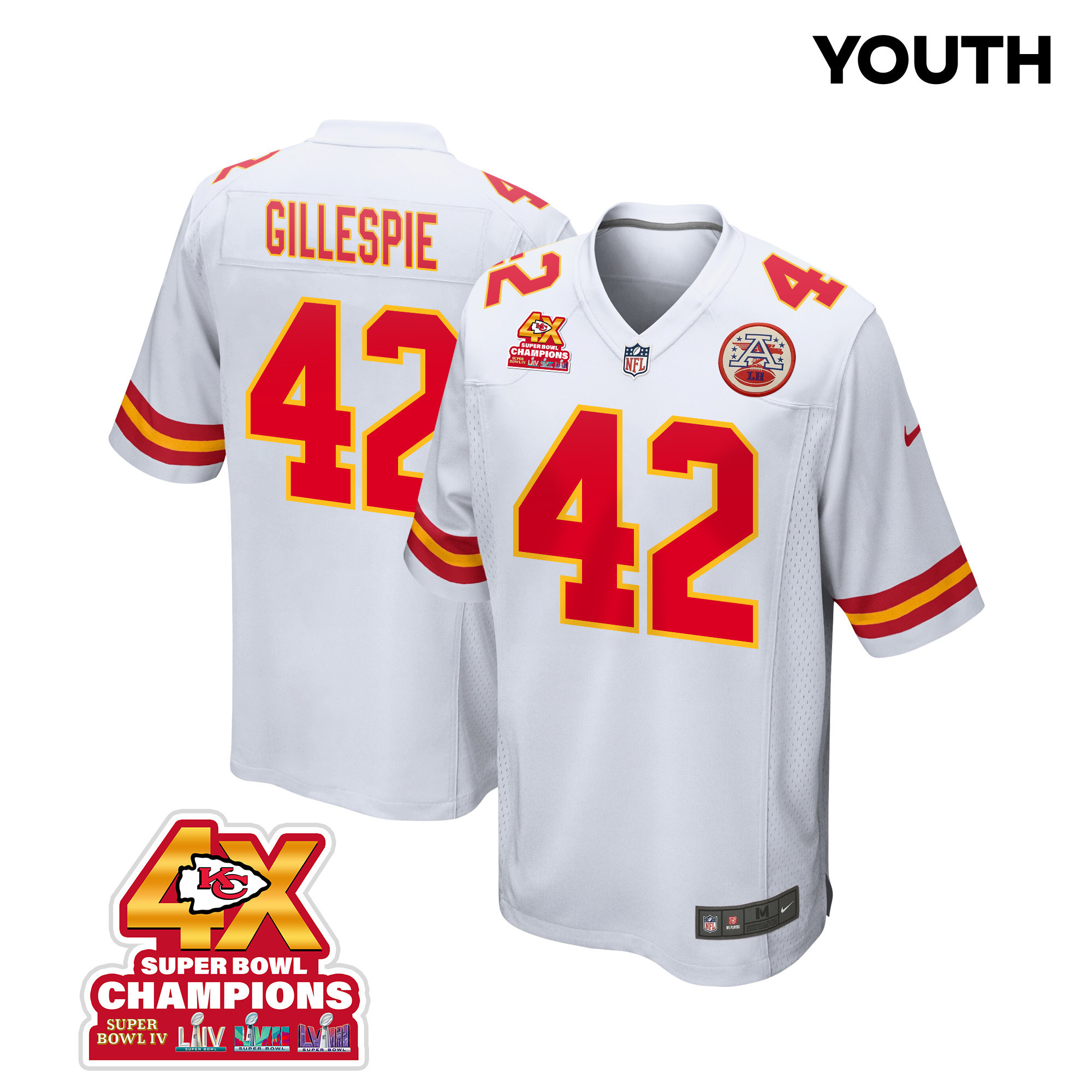 Tyree Gillespie 42 Kansas City Chiefs Super Bowl LVIII Champions 4X Game YOUTH Jersey - White JS8846 Saliibo