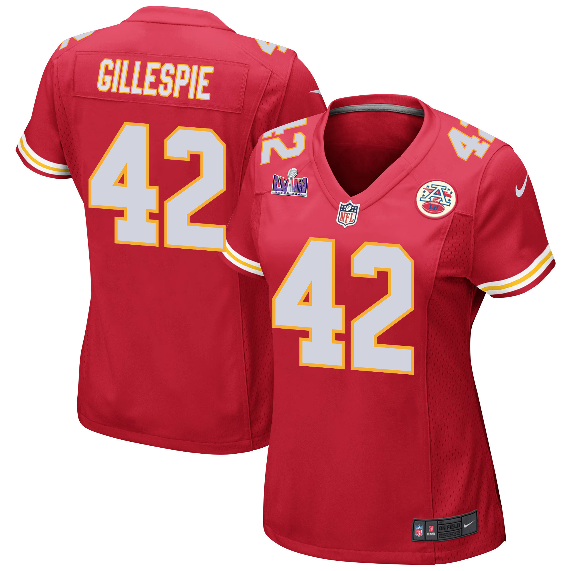 Tyree Gillespie 42 Kansas City Chiefs Super Bowl LVIII Patch Game Women Jersey - Red JS8033 Saliibo