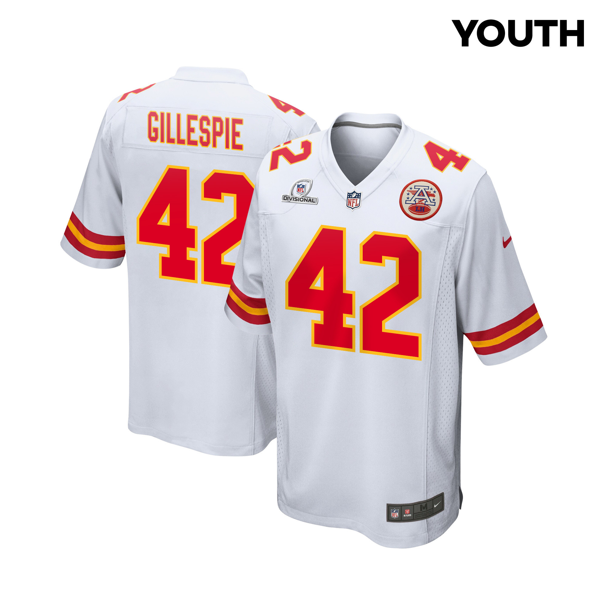 Tyree Gillespie 42 Kansas City Chiefs Super Bowl LVIII Patch Game YOUTH Jersey - White JS3174 Saliibo