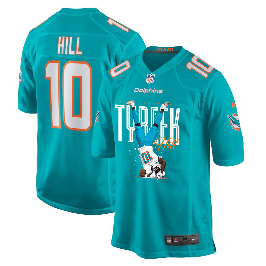 Tyreek Hill 10 Miami Dolphins Celebrating Game Men Jersey - Aqua JS5955 Saliibo