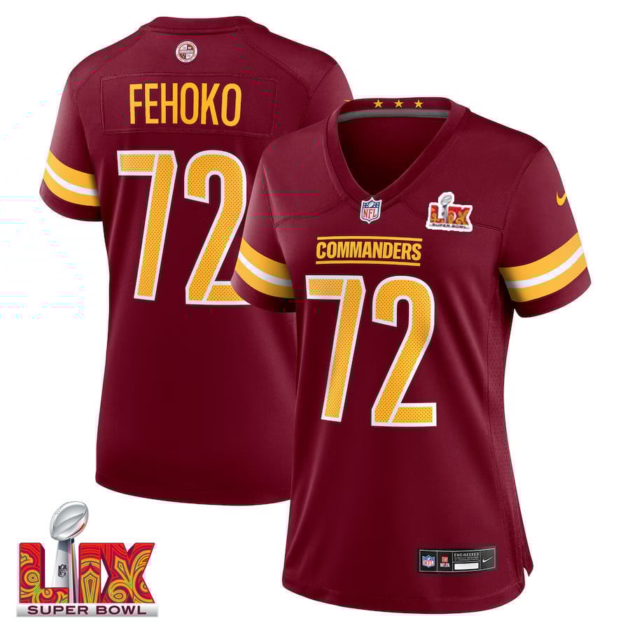 Viliami Fehoko Jr. #72 Washington Commanders Super Bowl LIX Women's Jersey - Burgundy JS6644 Saliibo