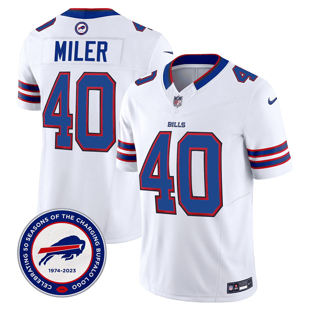 Von Miller 40 Buffalo Bills 50th Charging Logo Patch Game Men Jersey - White JS6373 Saliibo