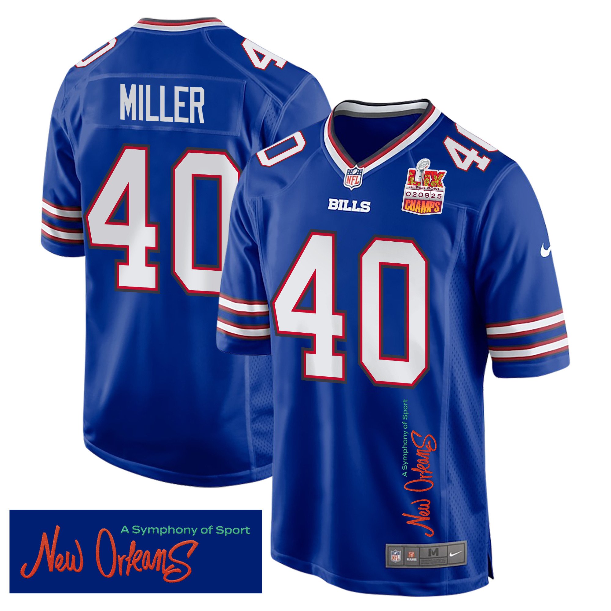 Von Miller 40 Buffalo Bills Super Bowl LIX Champions Patch 'New Orleans - A Symphony of Sport' EMBROIDERED Game Men Jersey - Royal JS2912 Saliibo