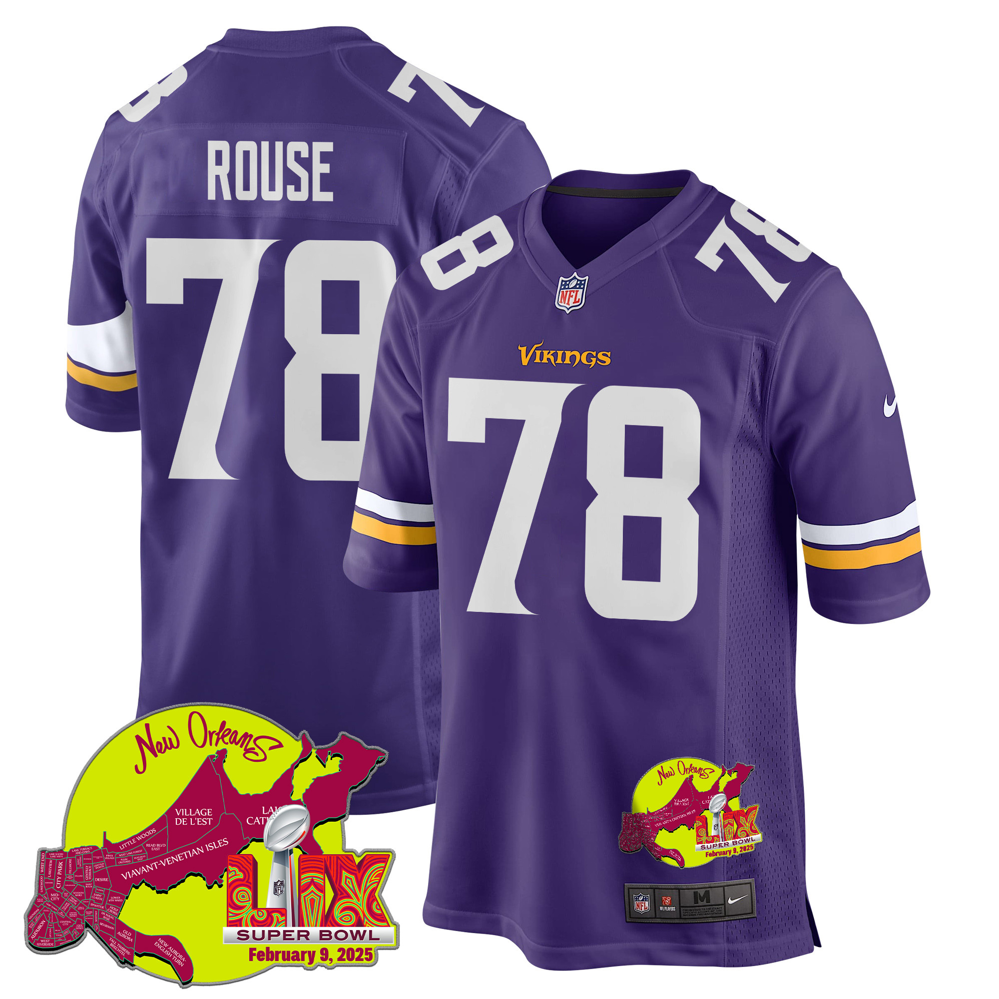 Walter Rouse 78 Minnesota Vikings Super Bowl LIX New Orleans Patch Game Men Jersey - Purple JS6786 Saliibo