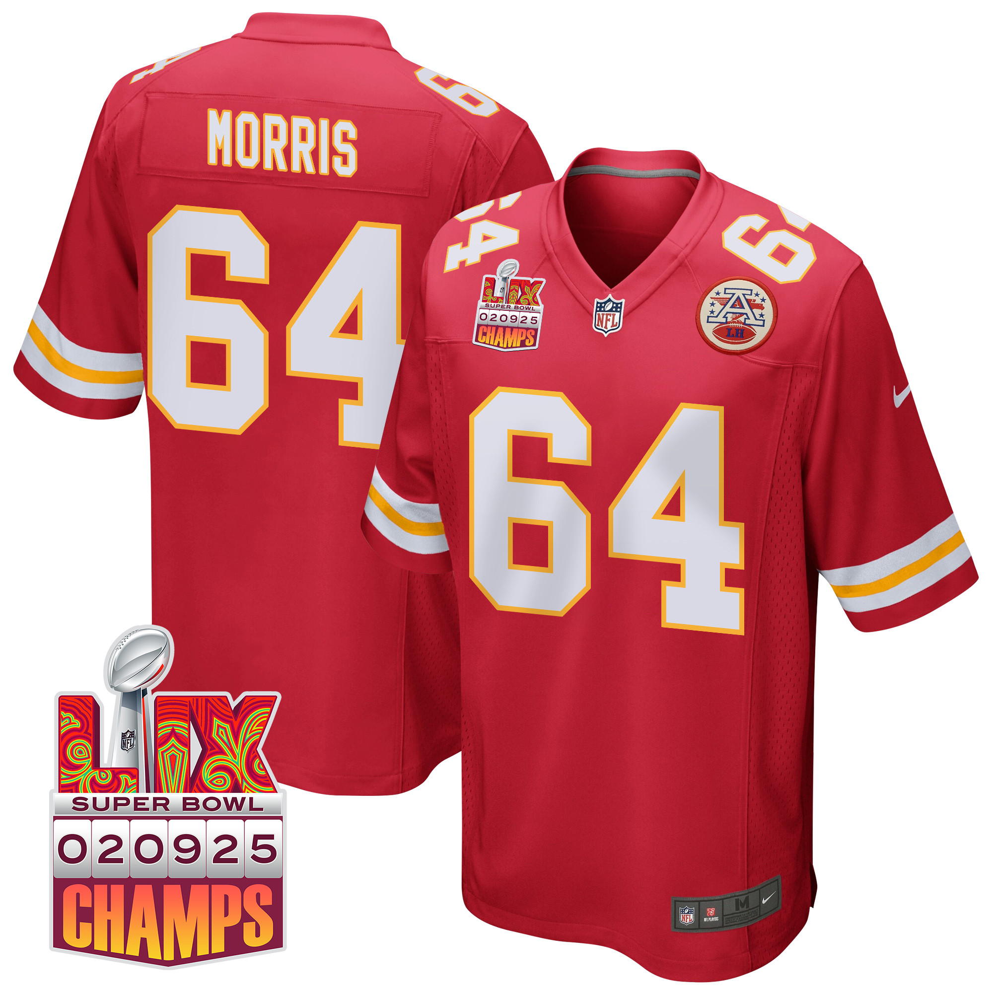 Wanya Morris 64 Kansas City Chiefs Super Bowl LIX Champions Patch Game Men Jersey - Red JS8217 Saliibo