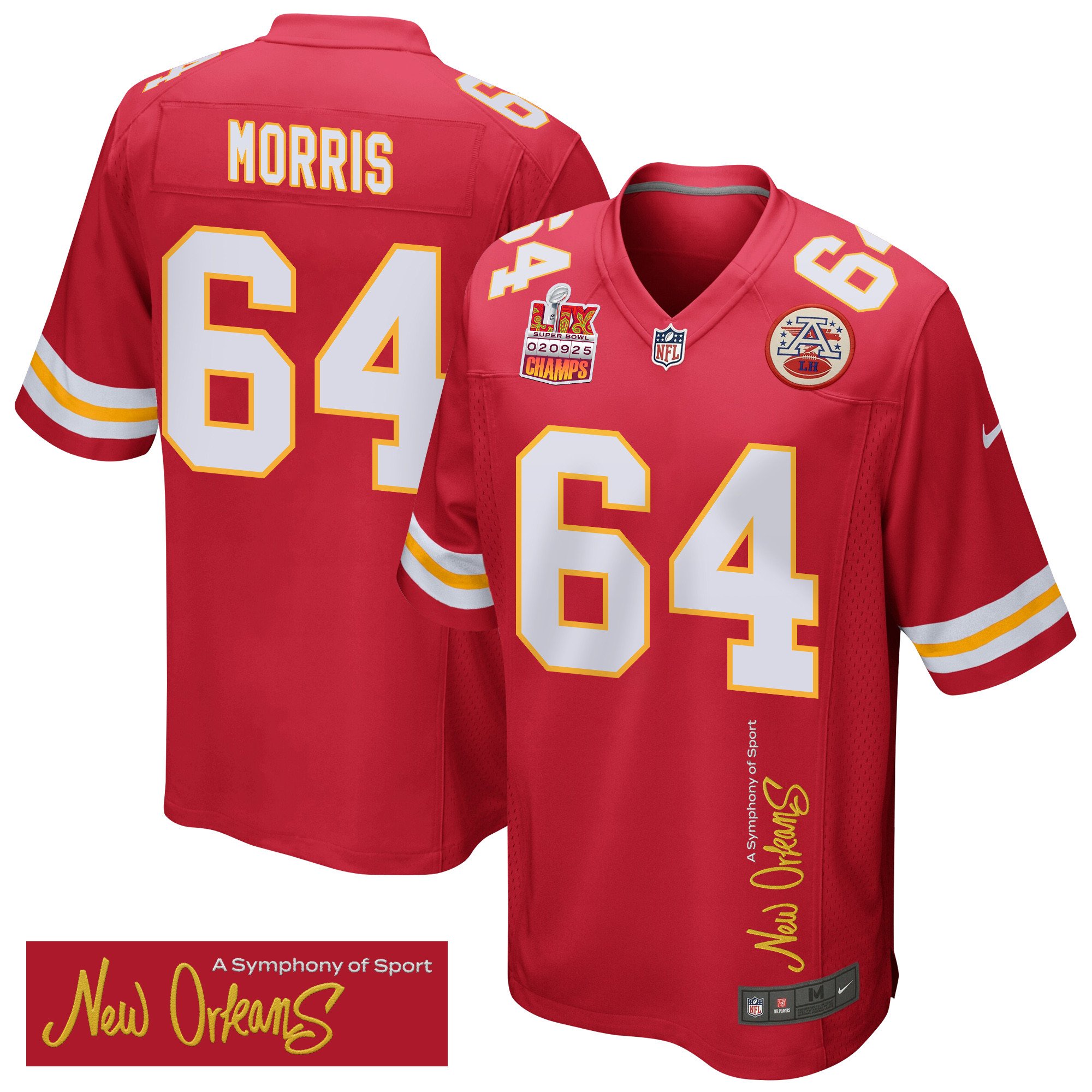 Wanya Morris 64 Kansas City Chiefs Super Bowl LIX Champions Patch 'New Orleans - A Symphony of Sport' EMBROIDERED Game Men Jersey - Red JS1422 Saliibo