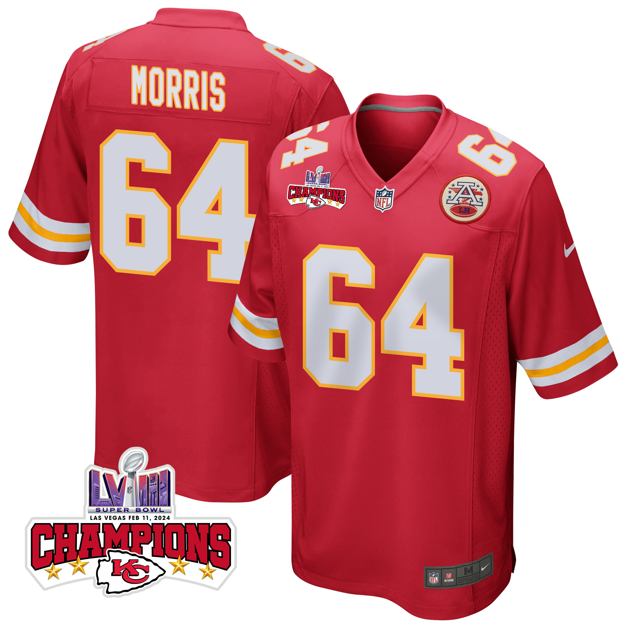 Wanya Morris 64 Kansas City Chiefs Super Bowl LVIII Champions 4 Stars Patch Game Men Jersey - Red JS9995 Saliibo