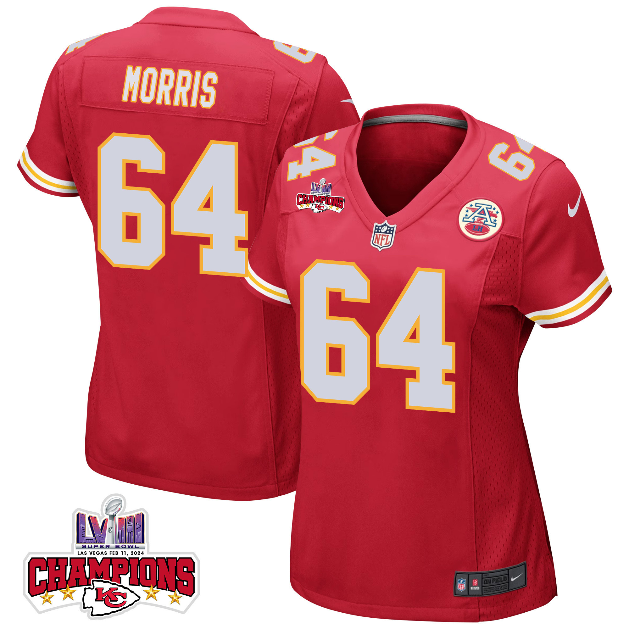 Wanya Morris 64 Kansas City Chiefs Super Bowl LVIII Champions 4 Stars Patch Game Women Jersey - Red JS1116 Saliibo