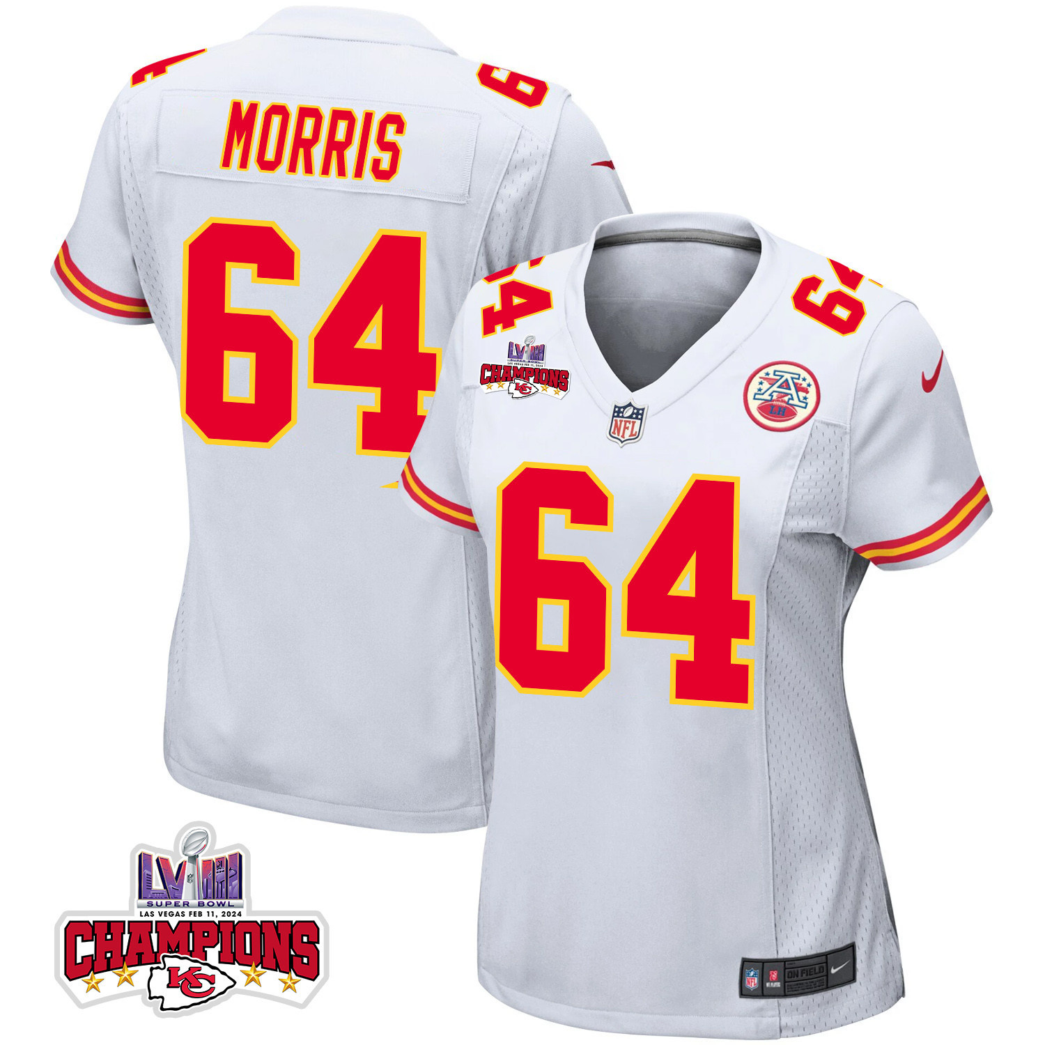Wanya Morris 64 Kansas City Chiefs Super Bowl LVIII Champions 4 Stars Patch Game Women Jersey - White JS4363 Saliibo