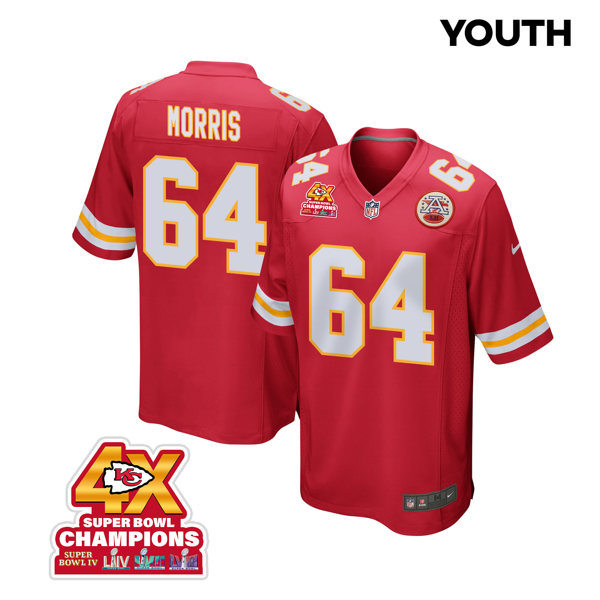 Wanya Morris 64 Kansas City Chiefs Super Bowl LVIII Champions 4X Game YOUTH Jersey - Red JS3234 Saliibo