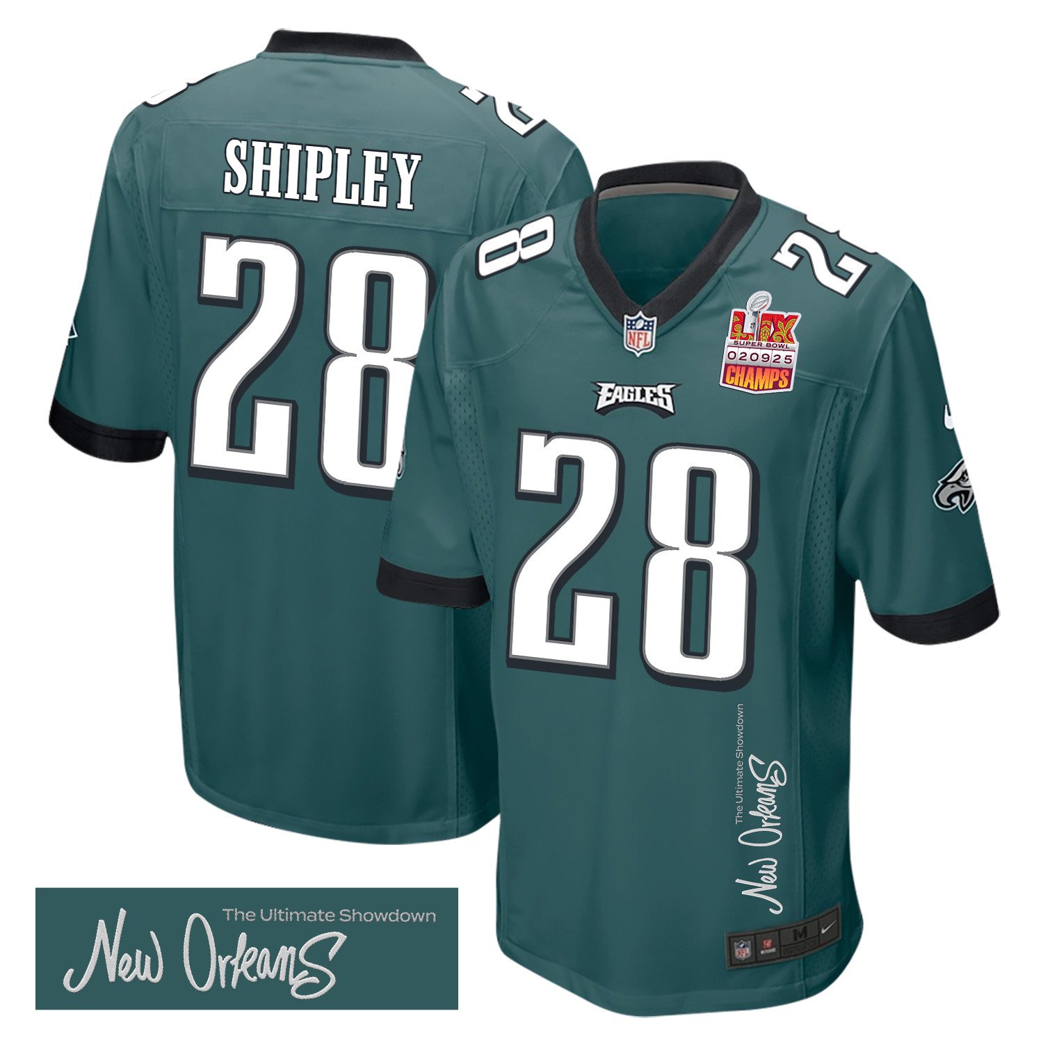 Will Shipley 28 Philadelphia Eagles Super Bowl LIX Champions Patch 'New Orleans - The Ultimate Showdown' EMBROIDERED Game Men Jersey - Midnight Green JS6176 Saliibo