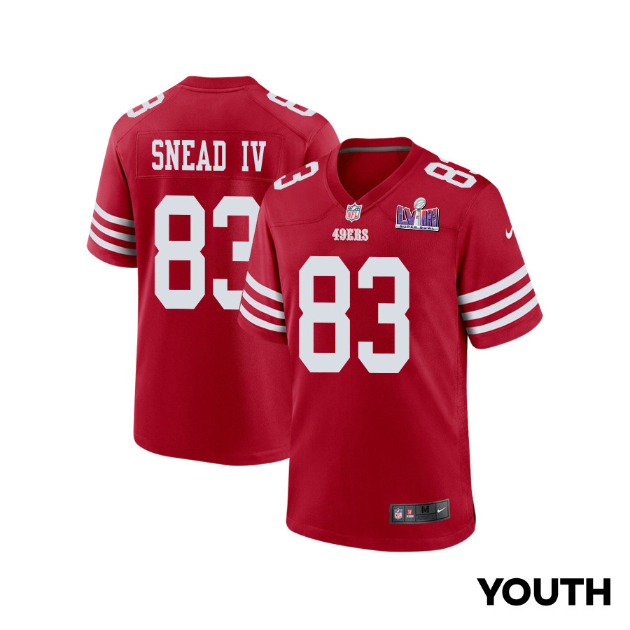 Willie Snead IV 83 San Francisco 49ers Super Bowl LVIII Patch Game YOUTH Jersey - Scarlet JS2969 Saliibo