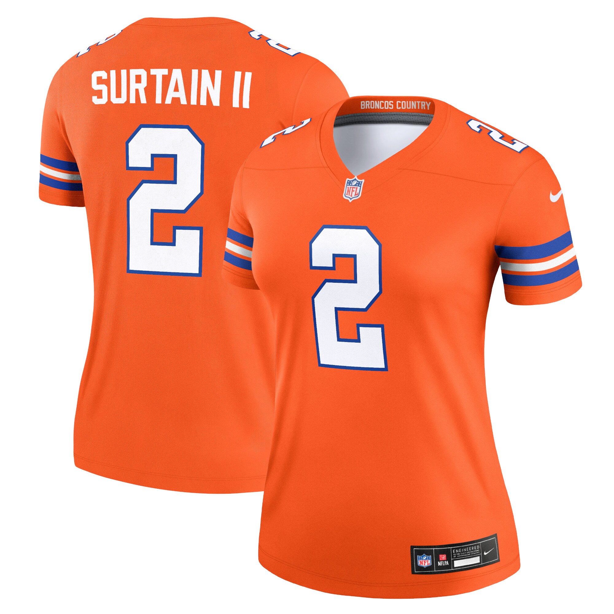 Women's Denver Broncos Patrick Surtain II Mile High Collection 1977 Throwback Orange Alternate Legend Player Performance Top JS5925 Saliibo
